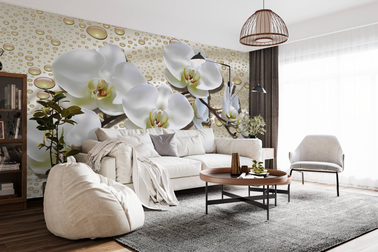 Fototapeta vetvička bielej orchidey navlhčená dažďom na hodvábe