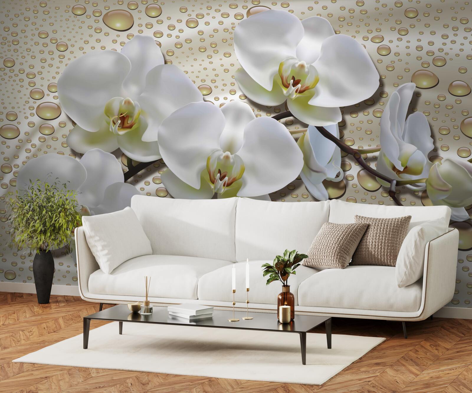 Fototapeta vetvička bielej orchidey navlhčená dažďom na hodvábe