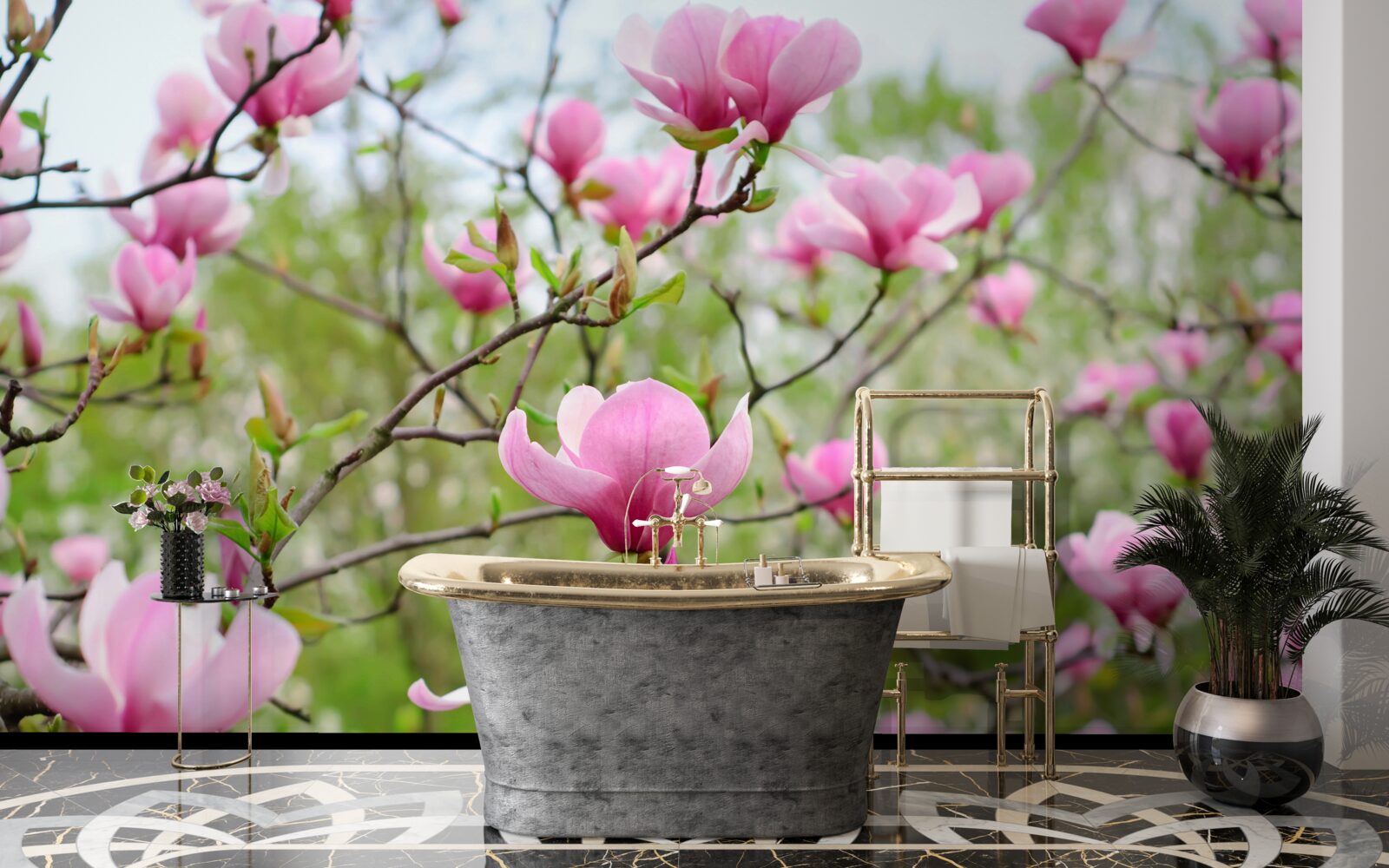 Fototapeta magnóliová záhrada s ružovými kvetmi v lete