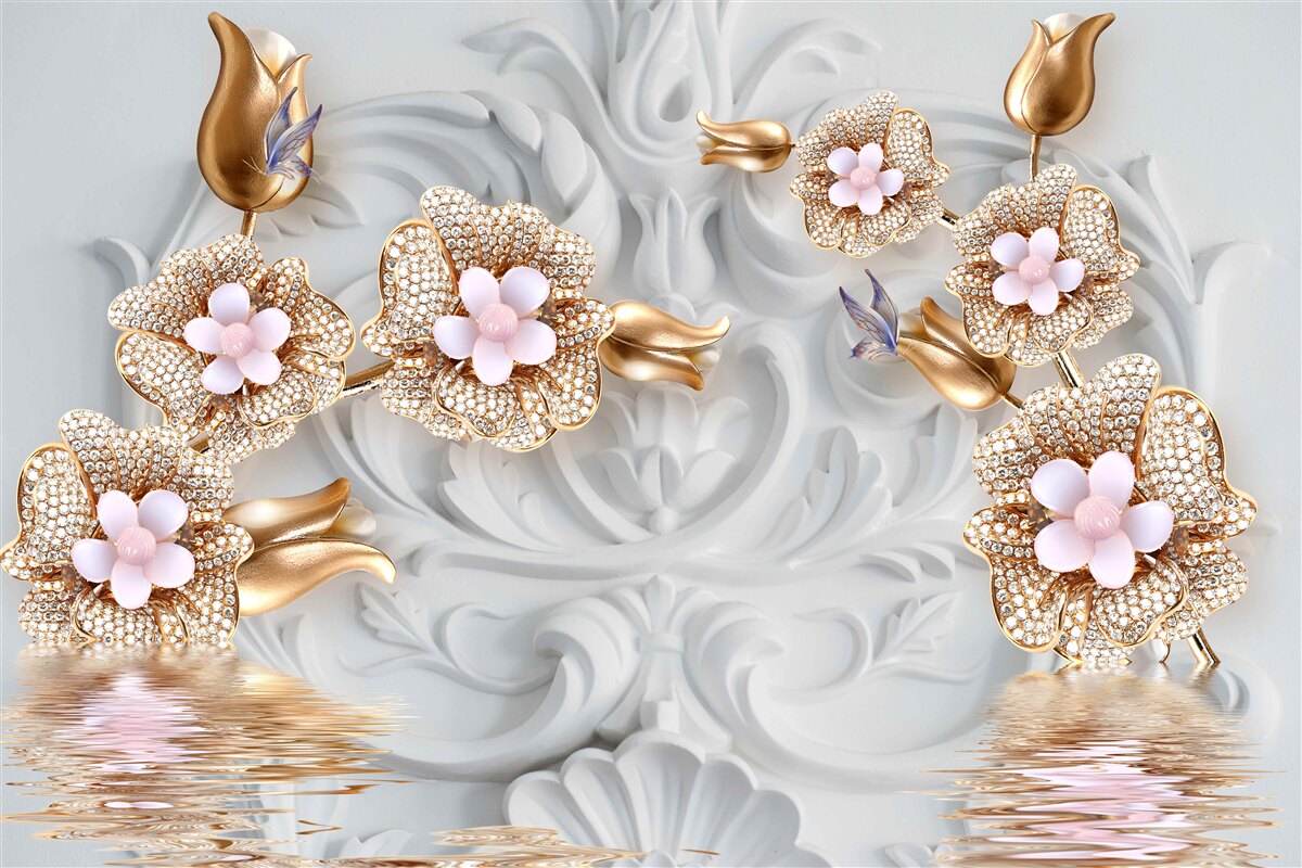 Fototapeta kvety v bielej farbe, ukončené bronzom a zdobené kryštálmi