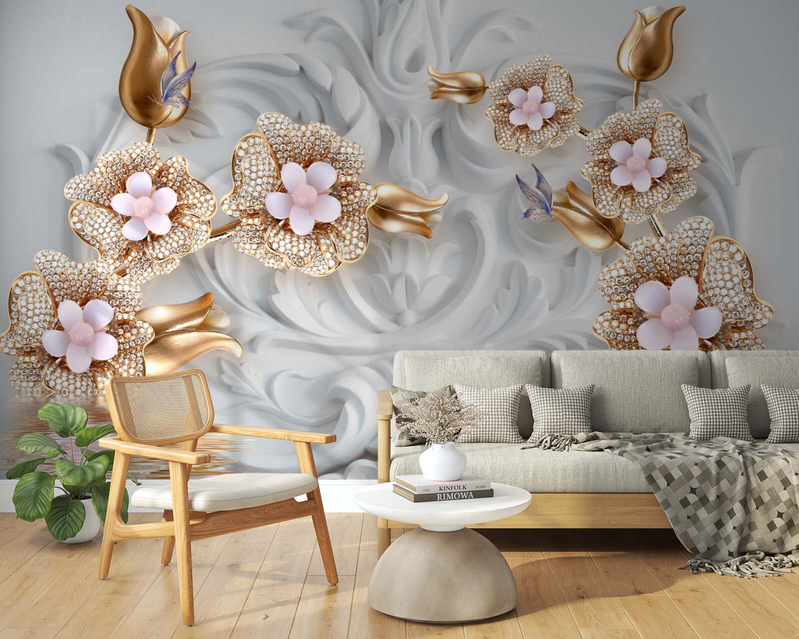 Fototapeta kvety v bielej farbe, ukončené bronzom a zdobené kryštálmi