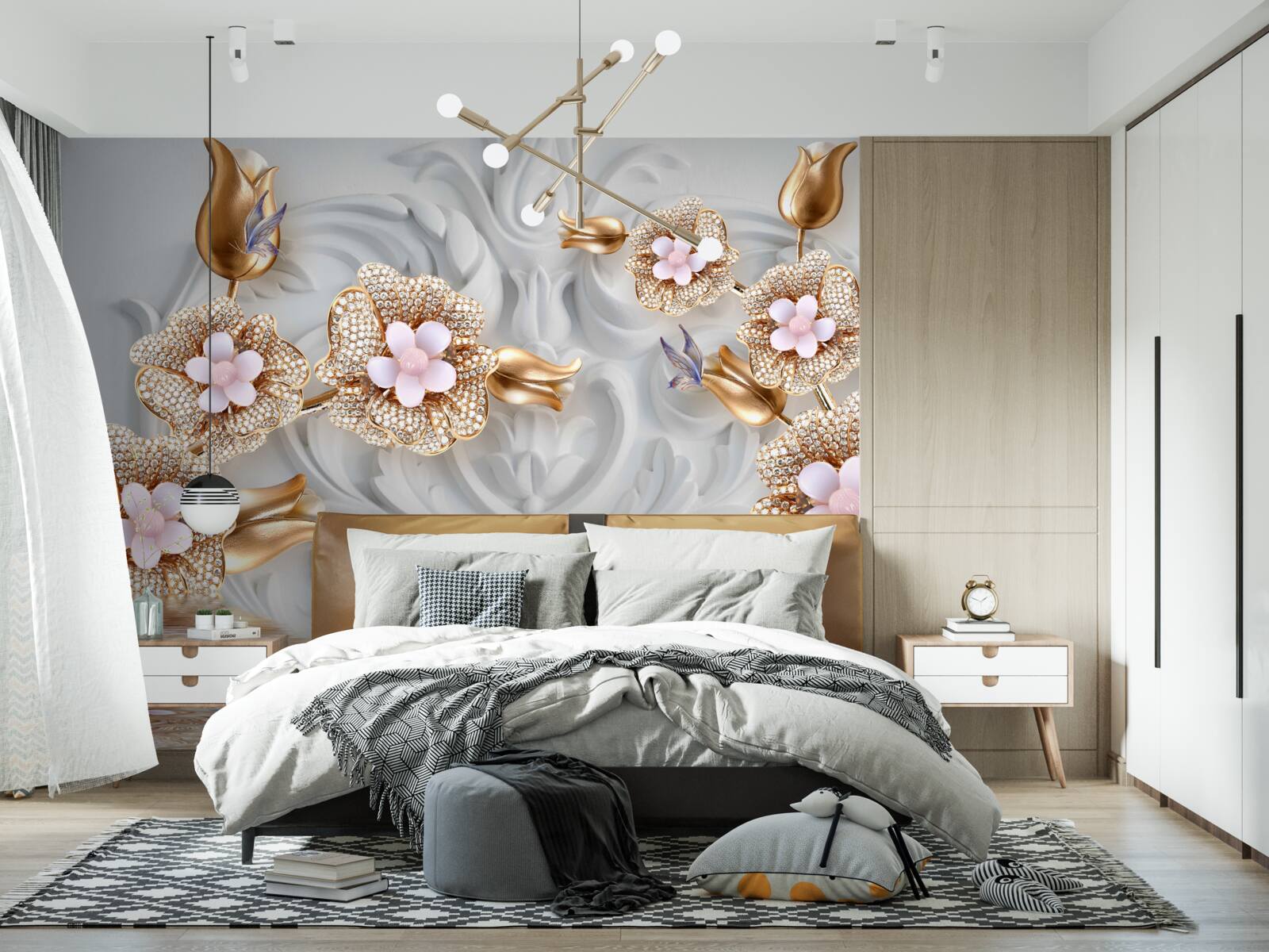 Fototapeta kvety v bielej farbe, ukončené bronzom a zdobené kryštálmi