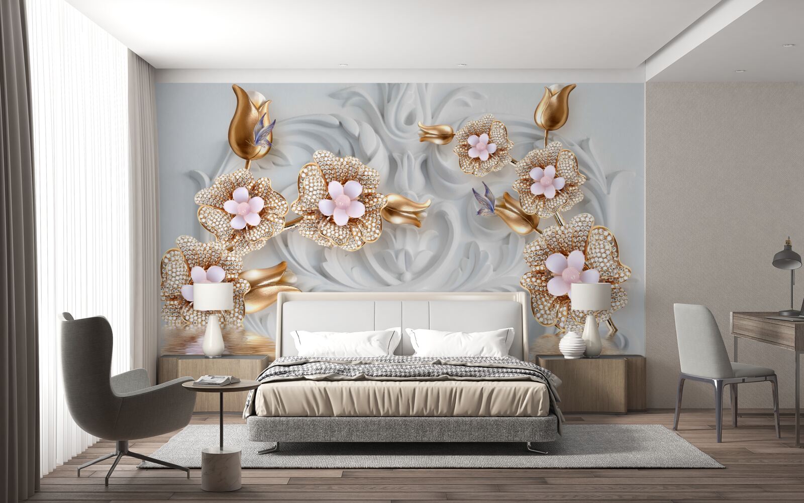 Fototapeta kvety v bielej farbe, ukončené bronzom a zdobené kryštálmi