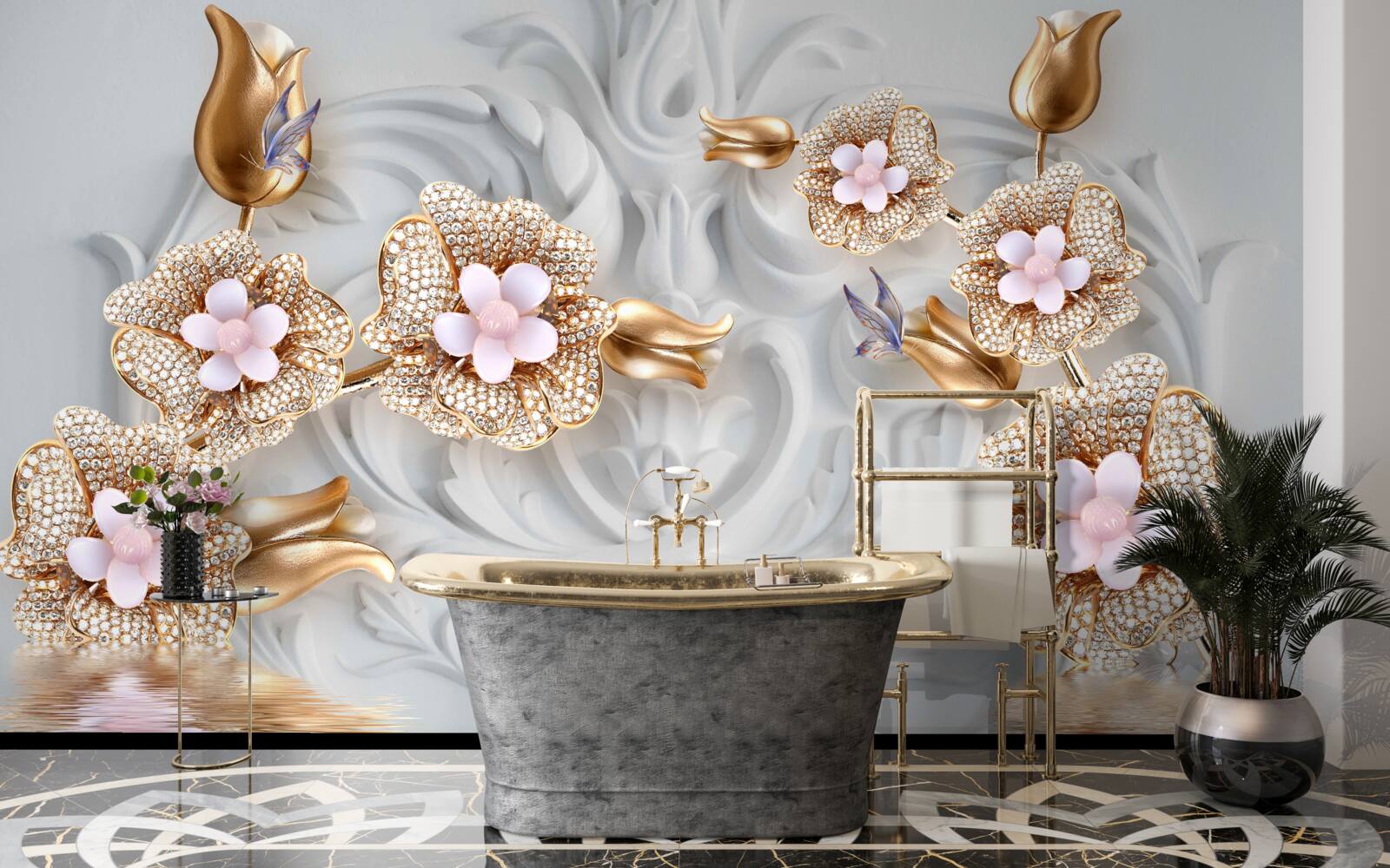 Fototapeta kvety v bielej farbe, ukončené bronzom a zdobené kryštálmi