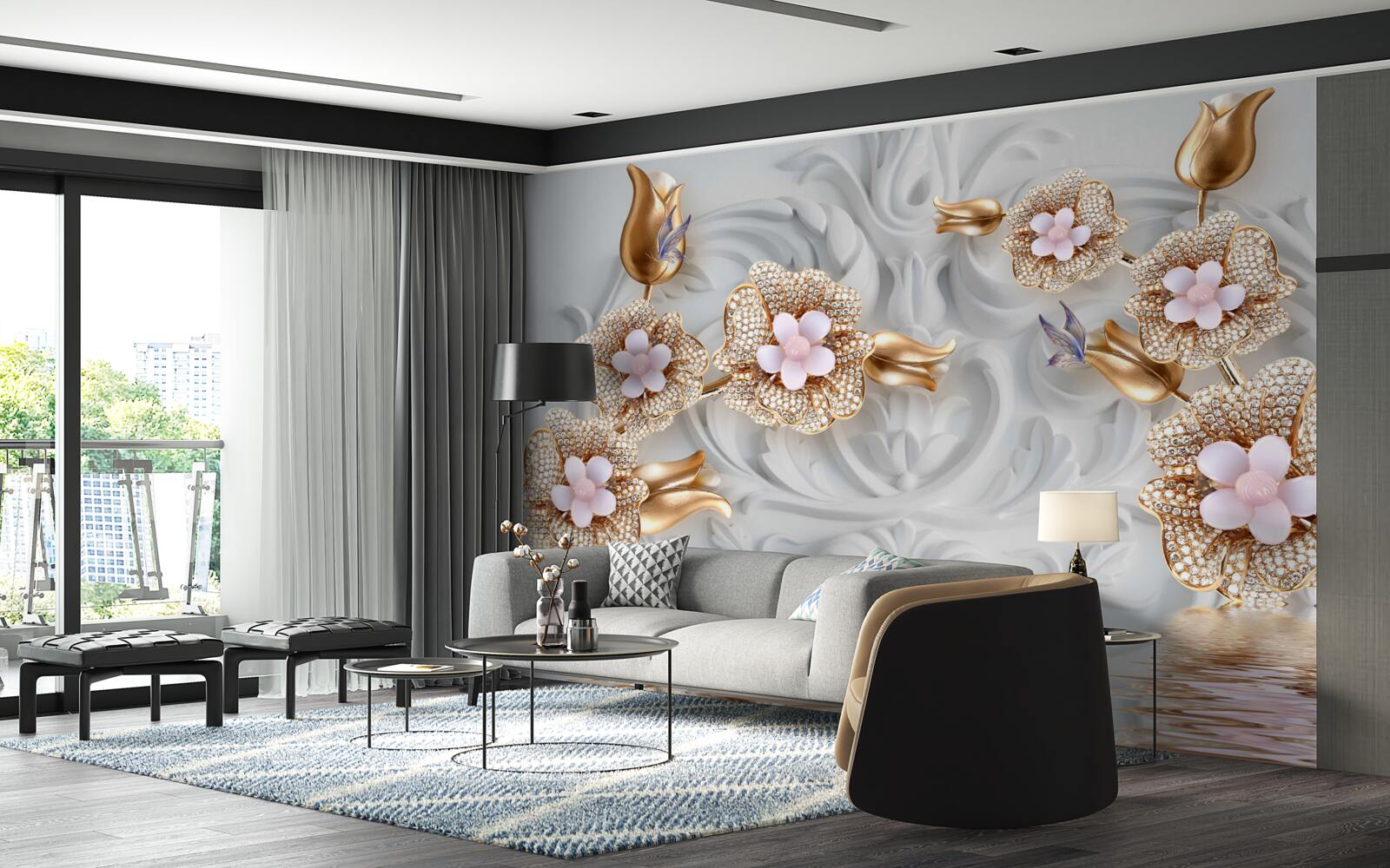 Fototapeta kvety v bielej farbe, ukončené bronzom a zdobené kryštálmi