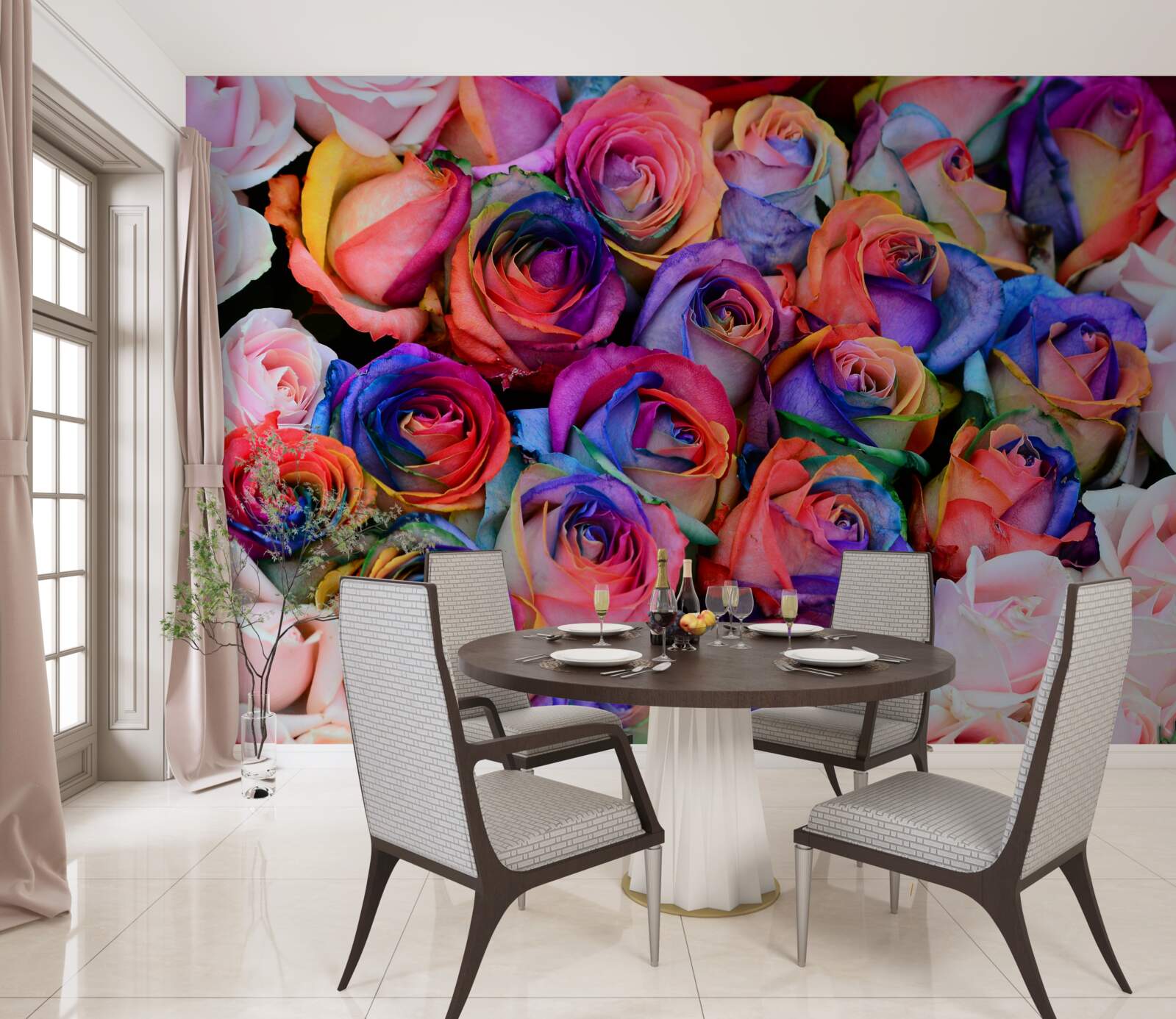 Fototapeta v pozadí ružová, rôzne farby v ružiach