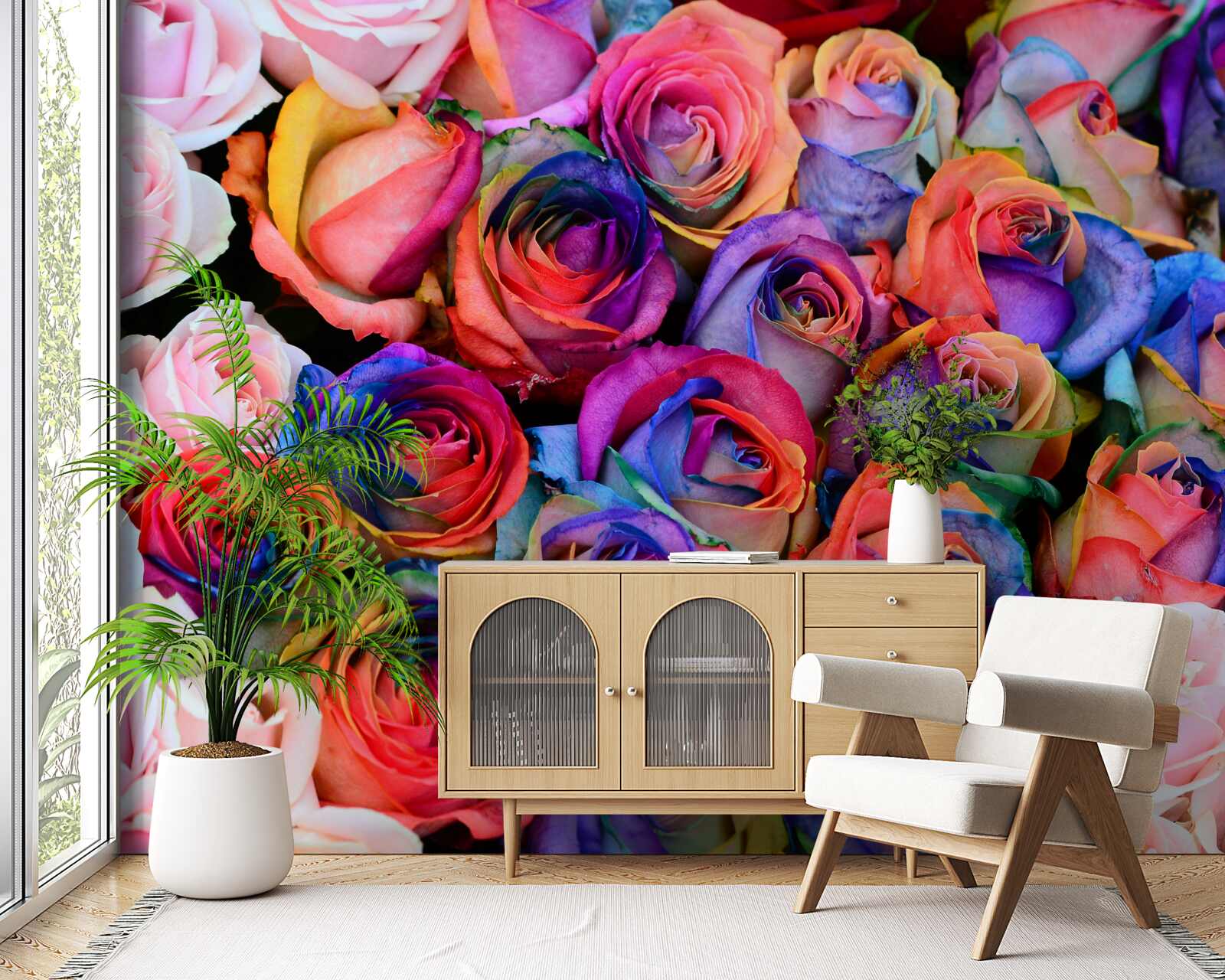 Fototapeta v pozadí ružová, rôzne farby v ružiach