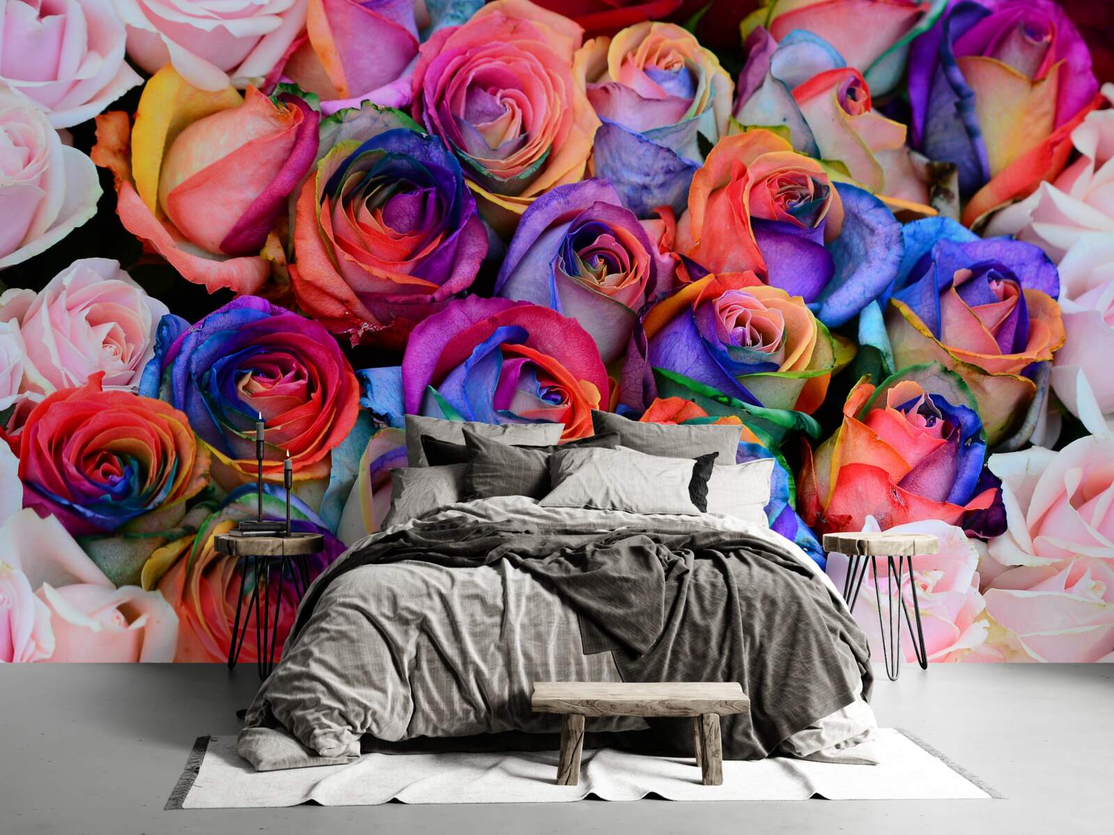 Fototapeta v pozadí ružová, rôzne farby v ružiach