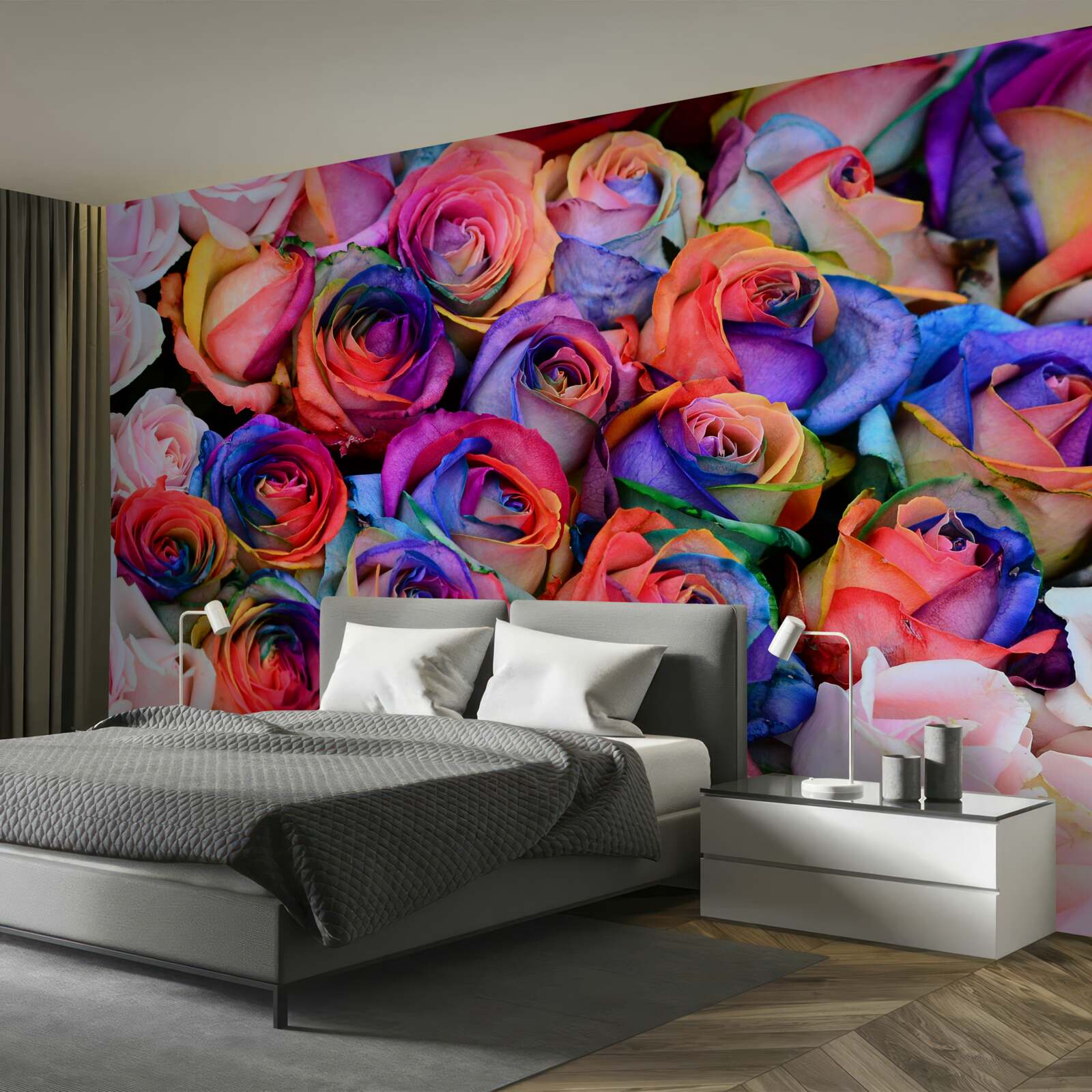 Fototapeta v pozadí ružová, rôzne farby v ružiach