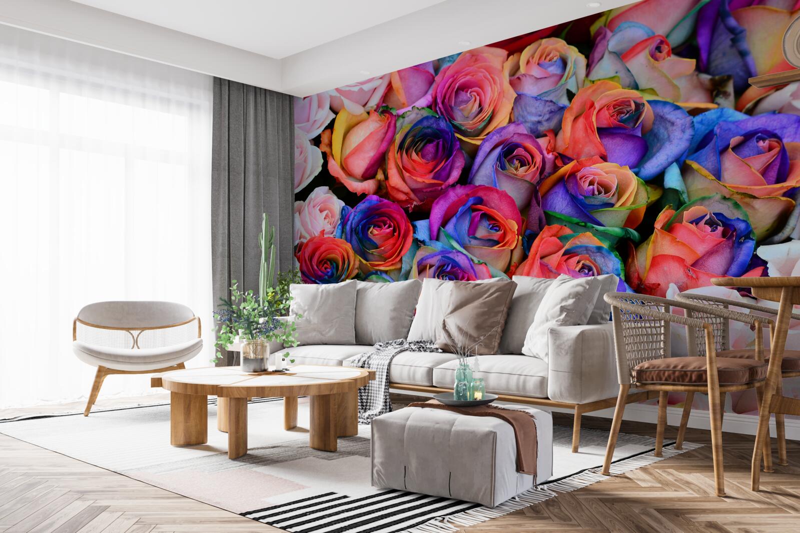 Fototapeta v pozadí ružová, rôzne farby v ružiach