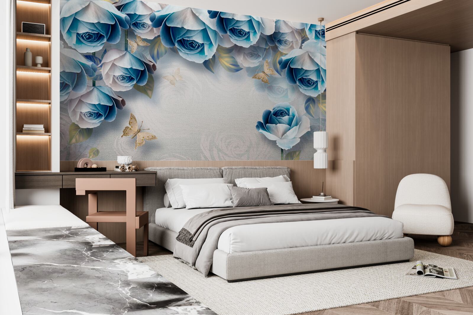 Fototapeta motýle a modré ruže