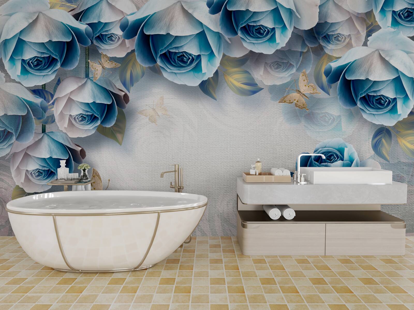 Fototapeta motýle a modré ruže