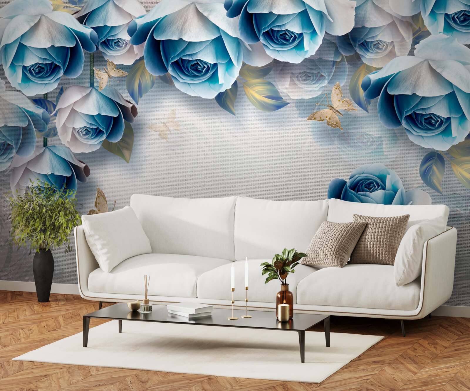 Fototapeta motýle a modré ruže