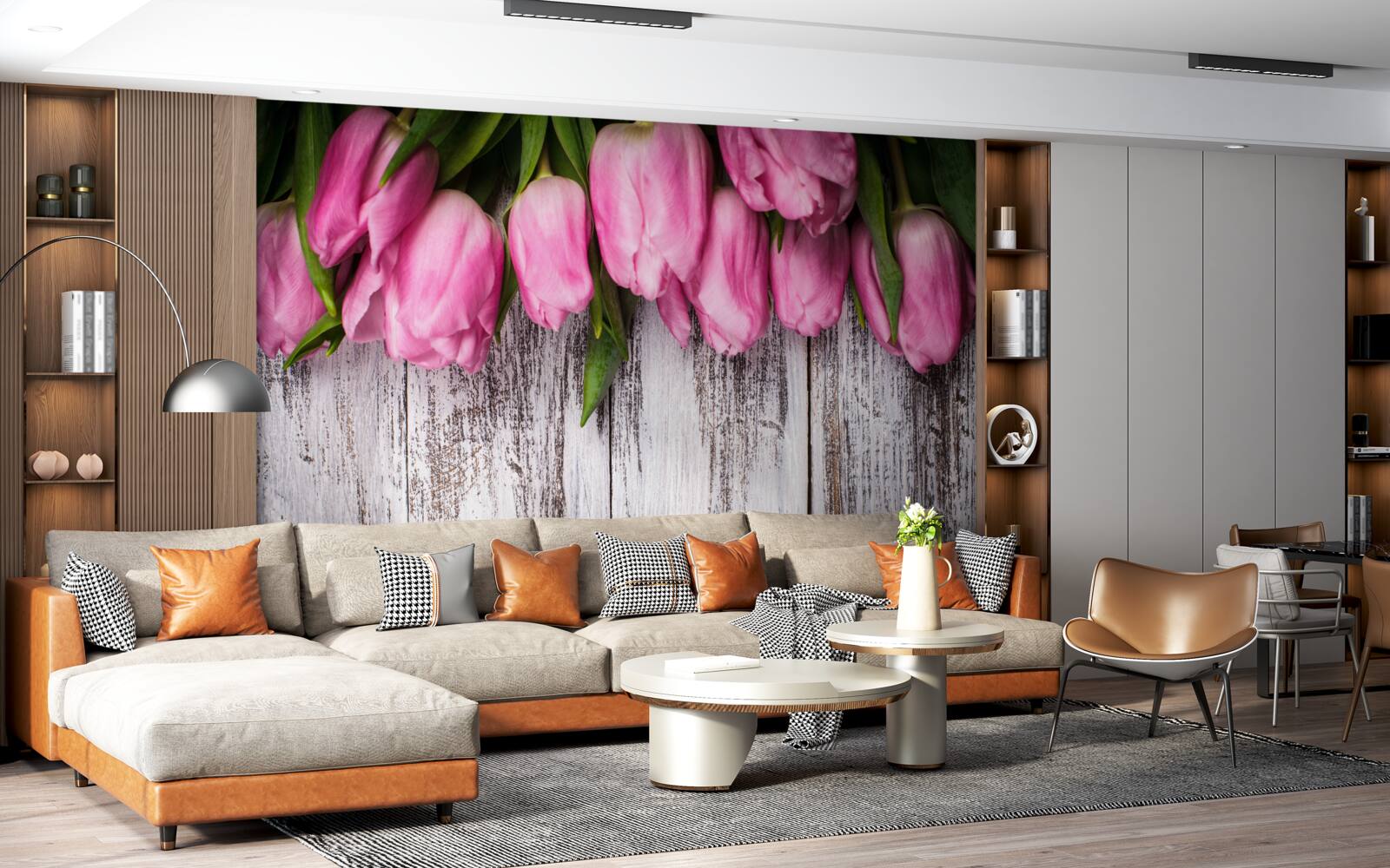 Fototapeta ružové tulipány na drevenom pozadí