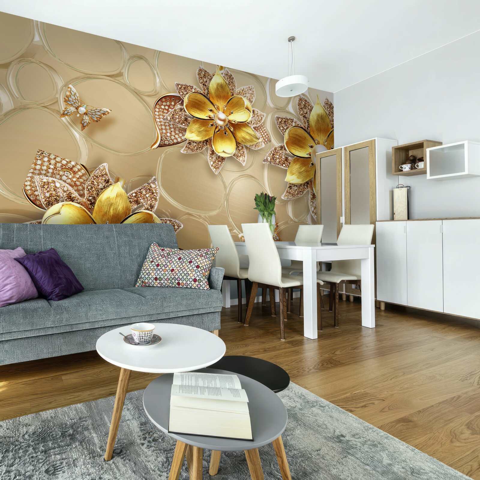 Fototapeta kvety vyrobené zo zlata, zdobené kryštálmi