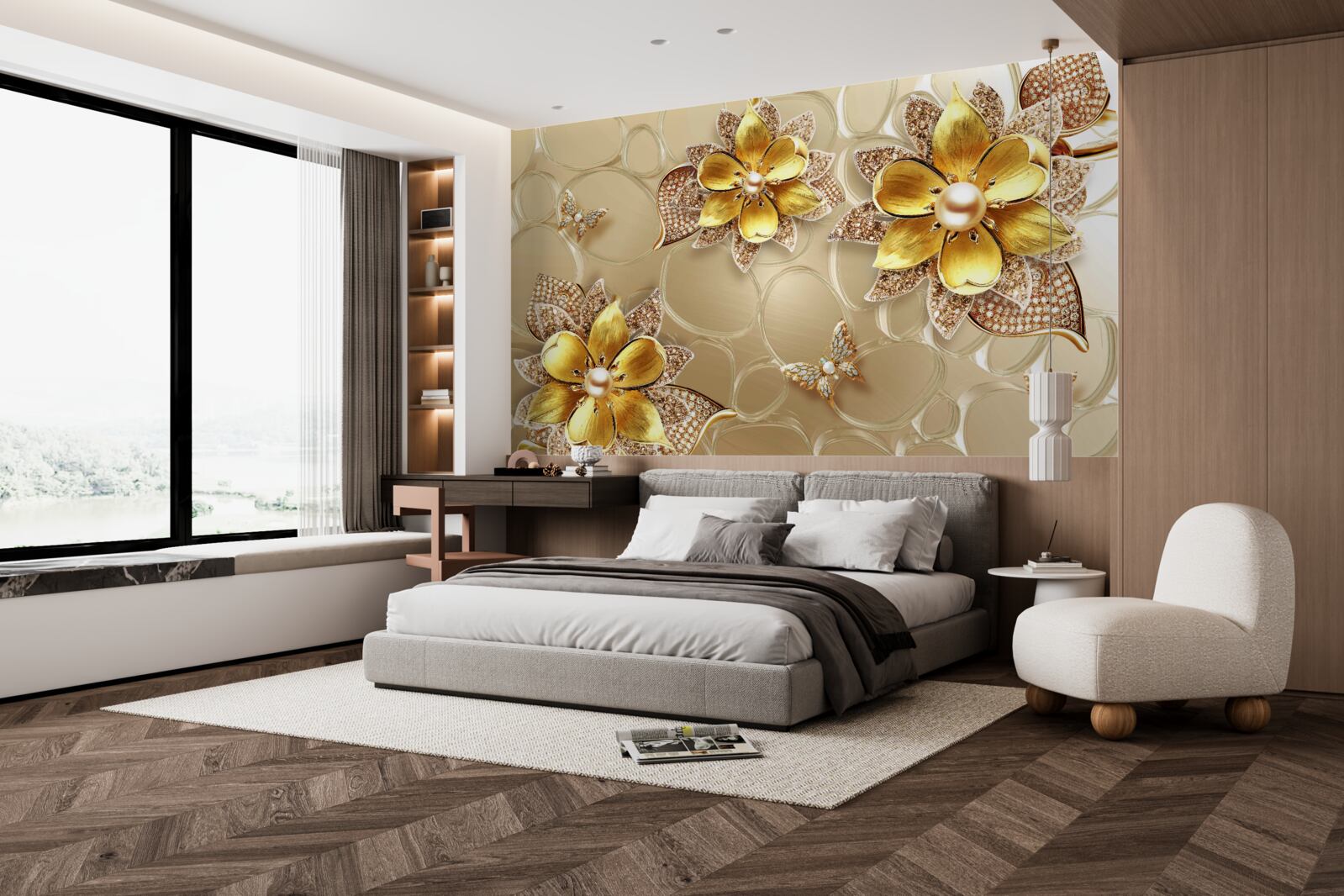 Fototapeta kvety vyrobené zo zlata, zdobené kryštálmi