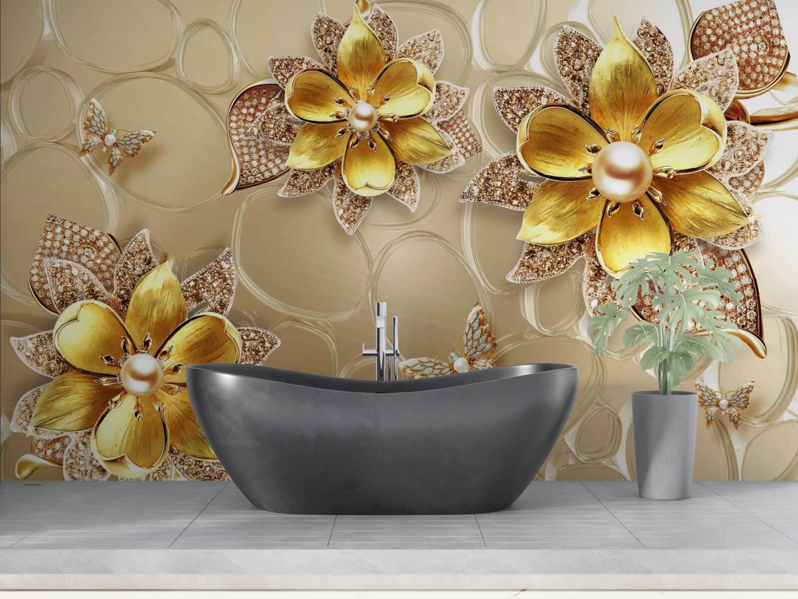 Fototapeta kvety vyrobené zo zlata, zdobené kryštálmi