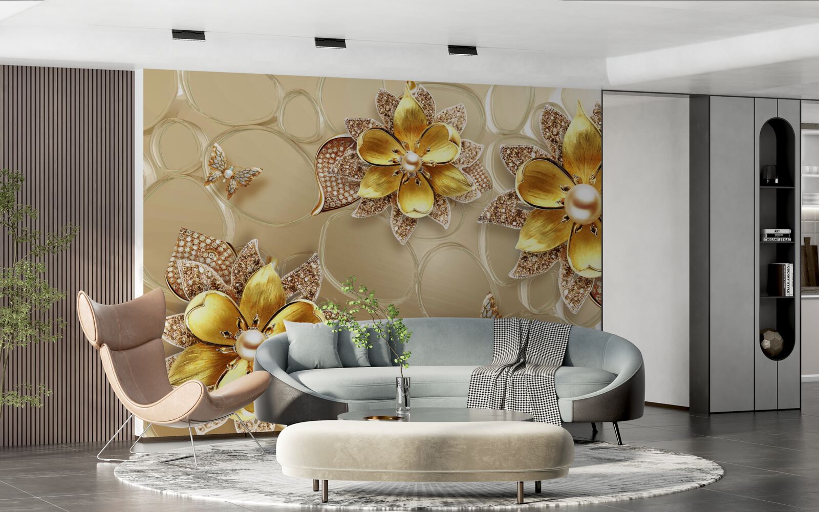 Fototapeta kvety vyrobené zo zlata, zdobené kryštálmi