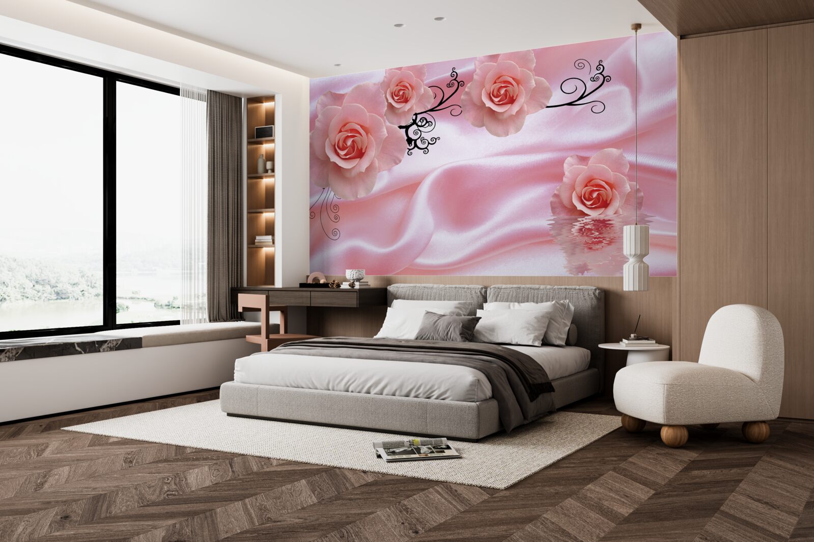 Fototapeta jemné ružové kvety na ružovej hodvábnej látke