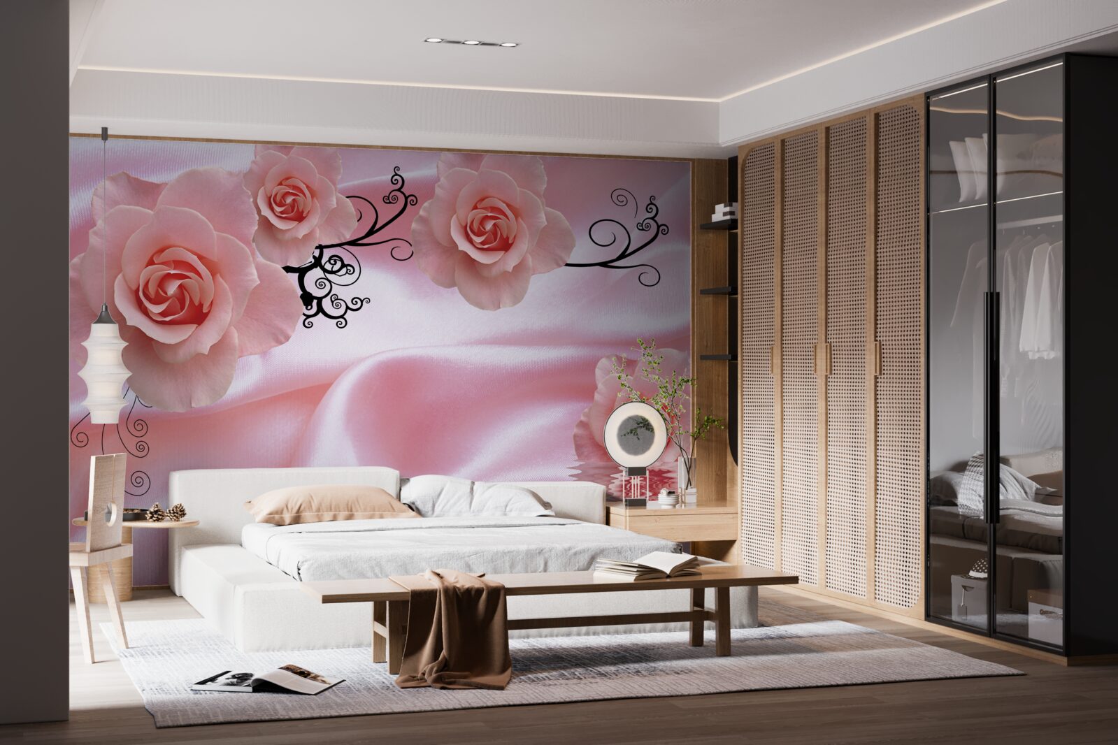 Fototapeta jemné ružové kvety na ružovej hodvábnej látke