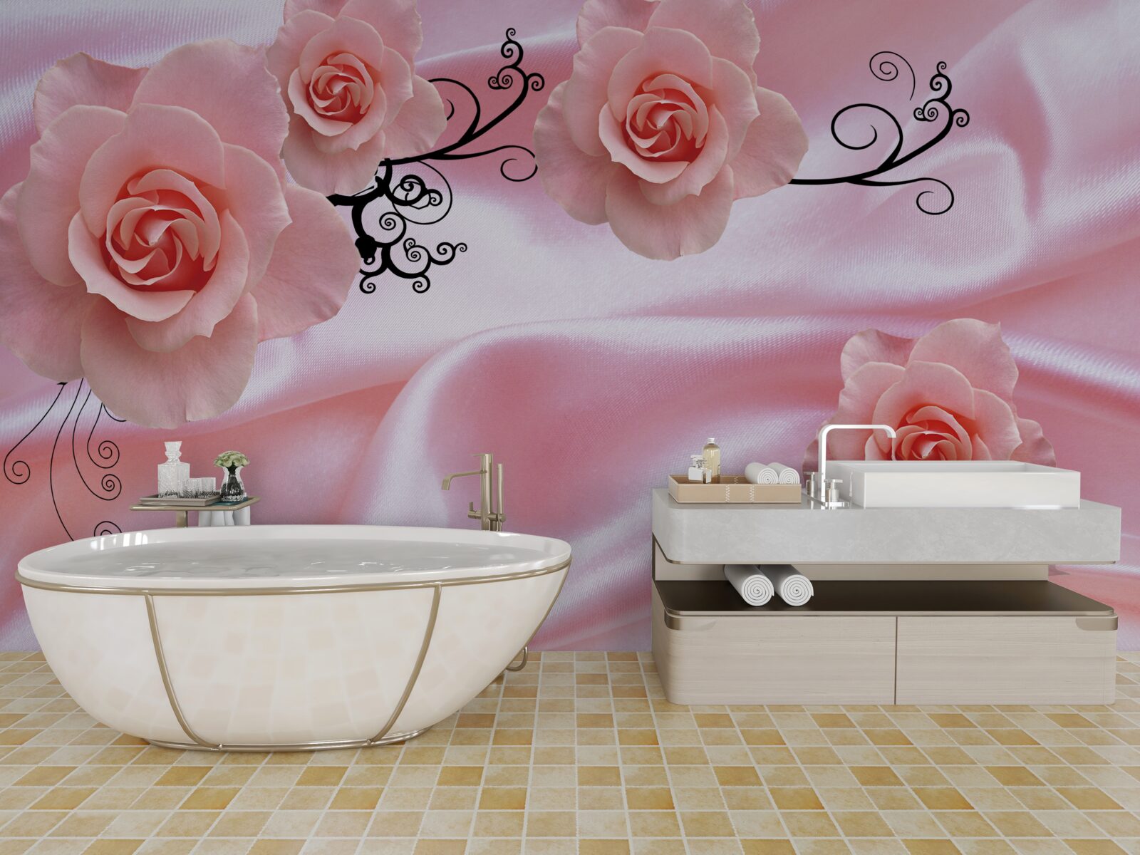 Fototapeta jemné ružové kvety na ružovej hodvábnej látke