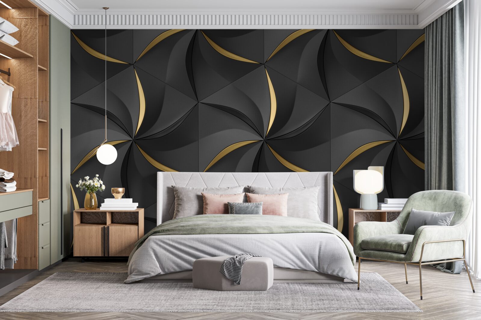 Fototapeta zlaté špirály na čiernom pozadí