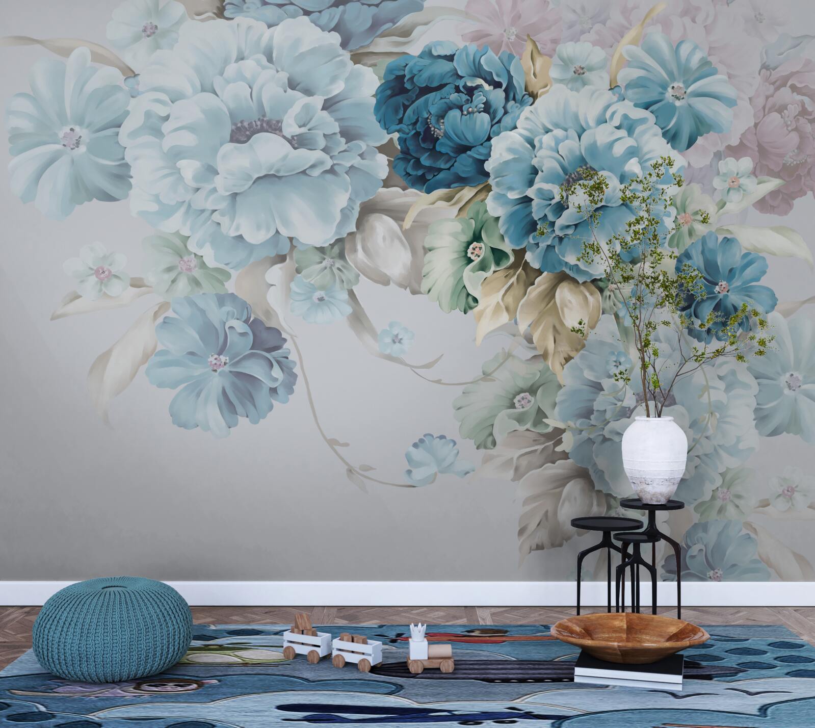 Fototapeta kompozícia obsahuje fialové a modré kvety