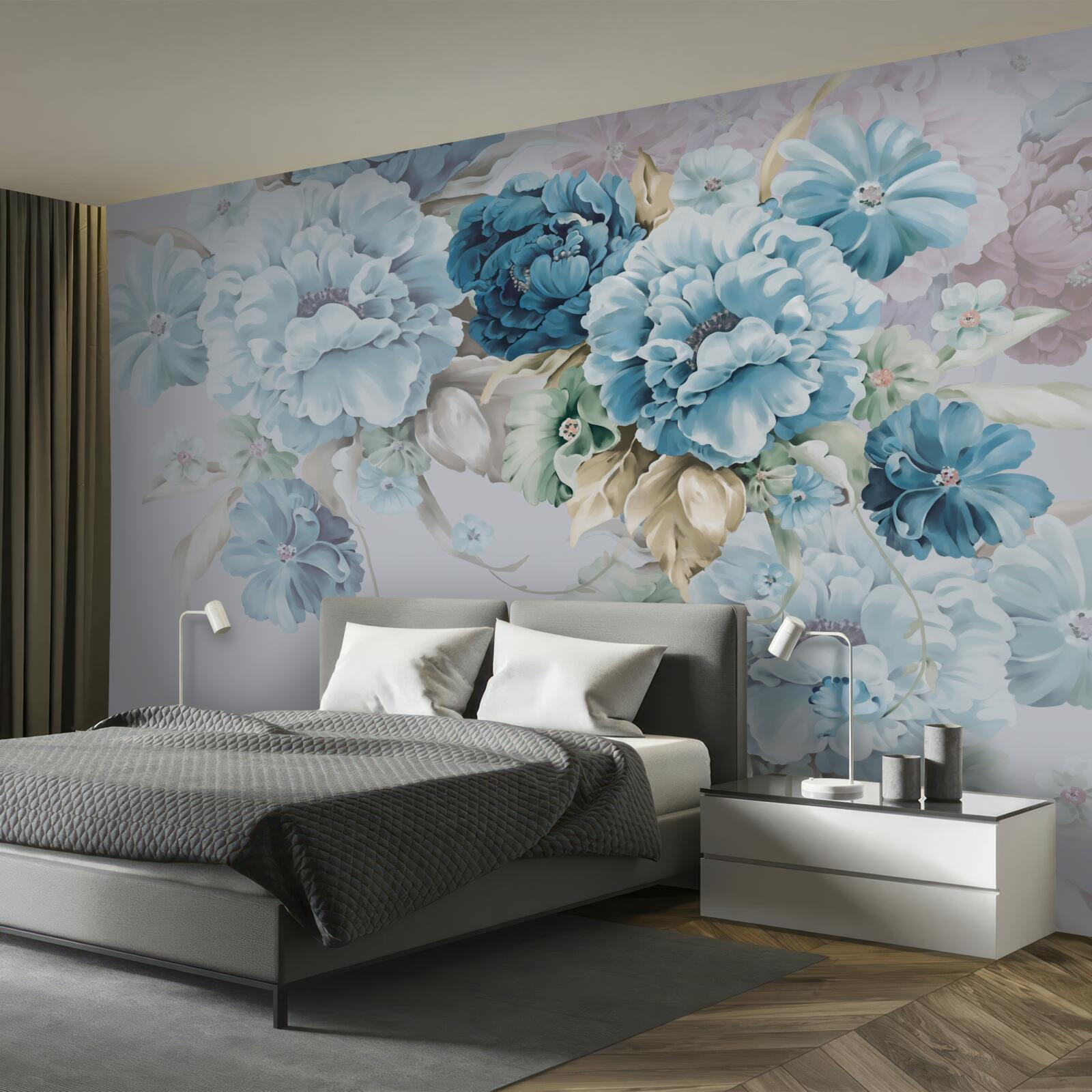 Fototapeta kompozícia obsahuje fialové a modré kvety