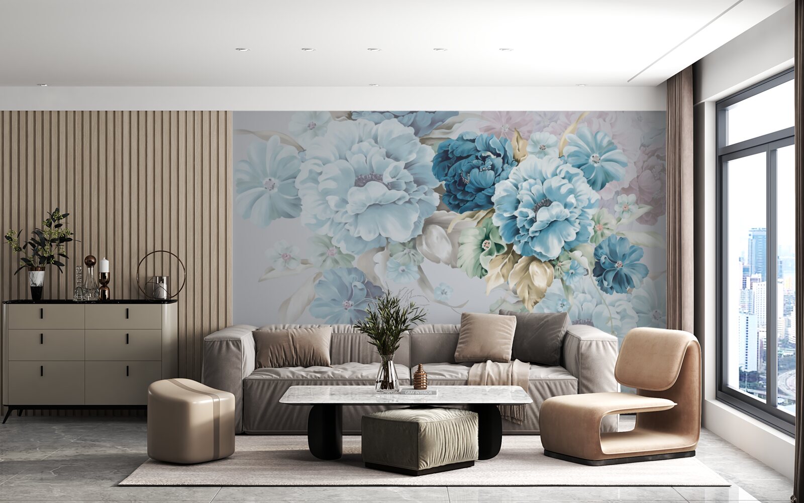 Fototapeta kompozícia obsahuje fialové a modré kvety