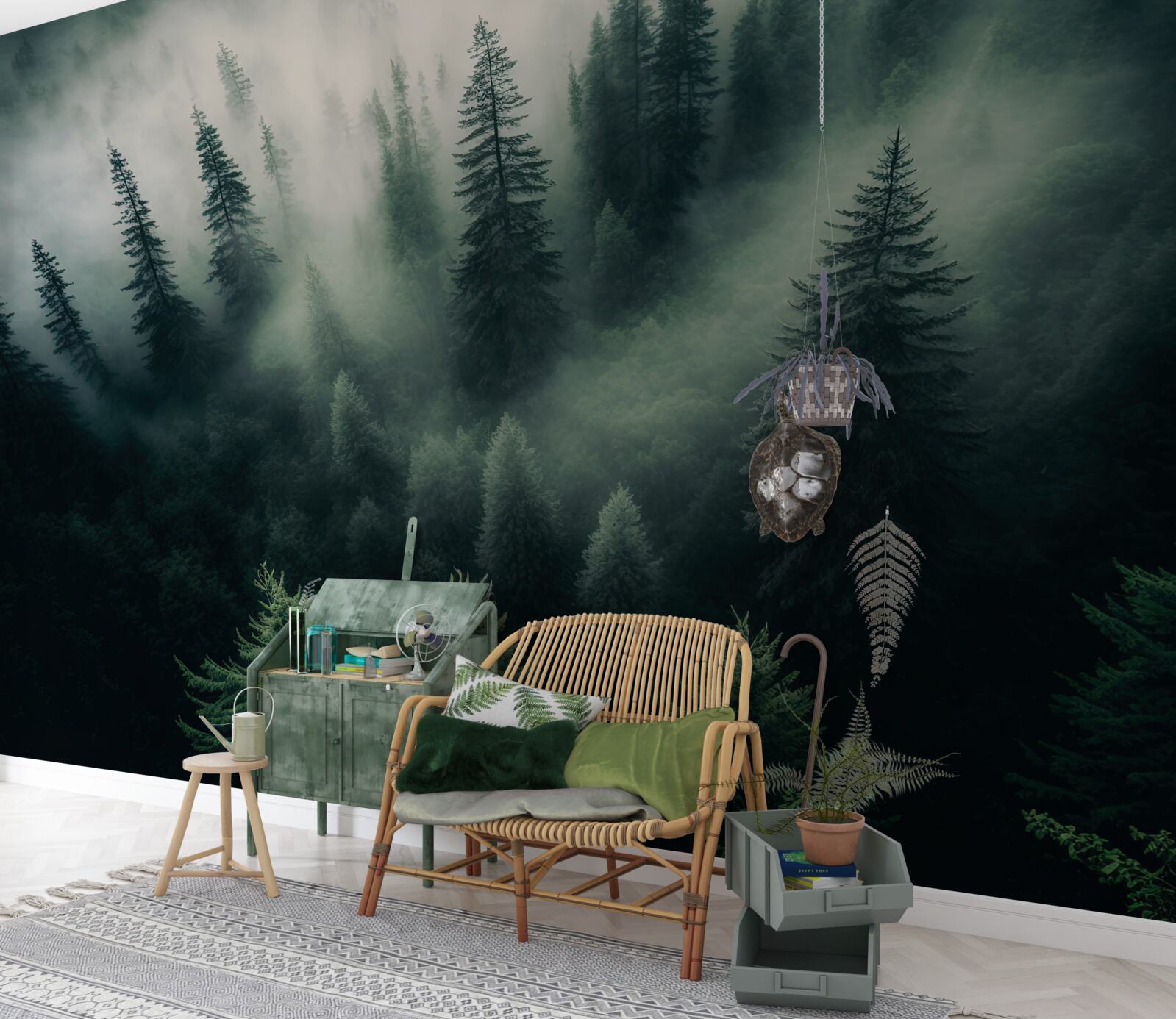 Fototapeta hmla v pochmúrnom borovicovom kúte