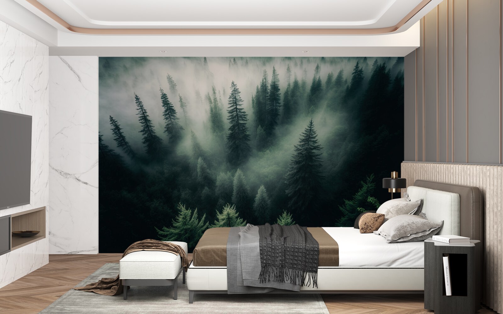 Fototapeta hmla v pochmúrnom borovicovom kúte