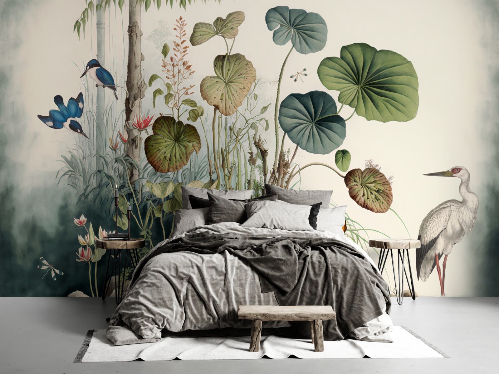 Fototapeta osamelý ostrov v jazere so žeriavom na ňom