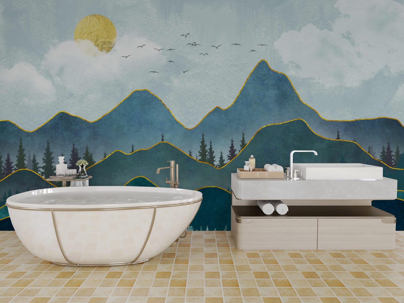 Fototapeta grafický obraz údolia rieky a horského stromu