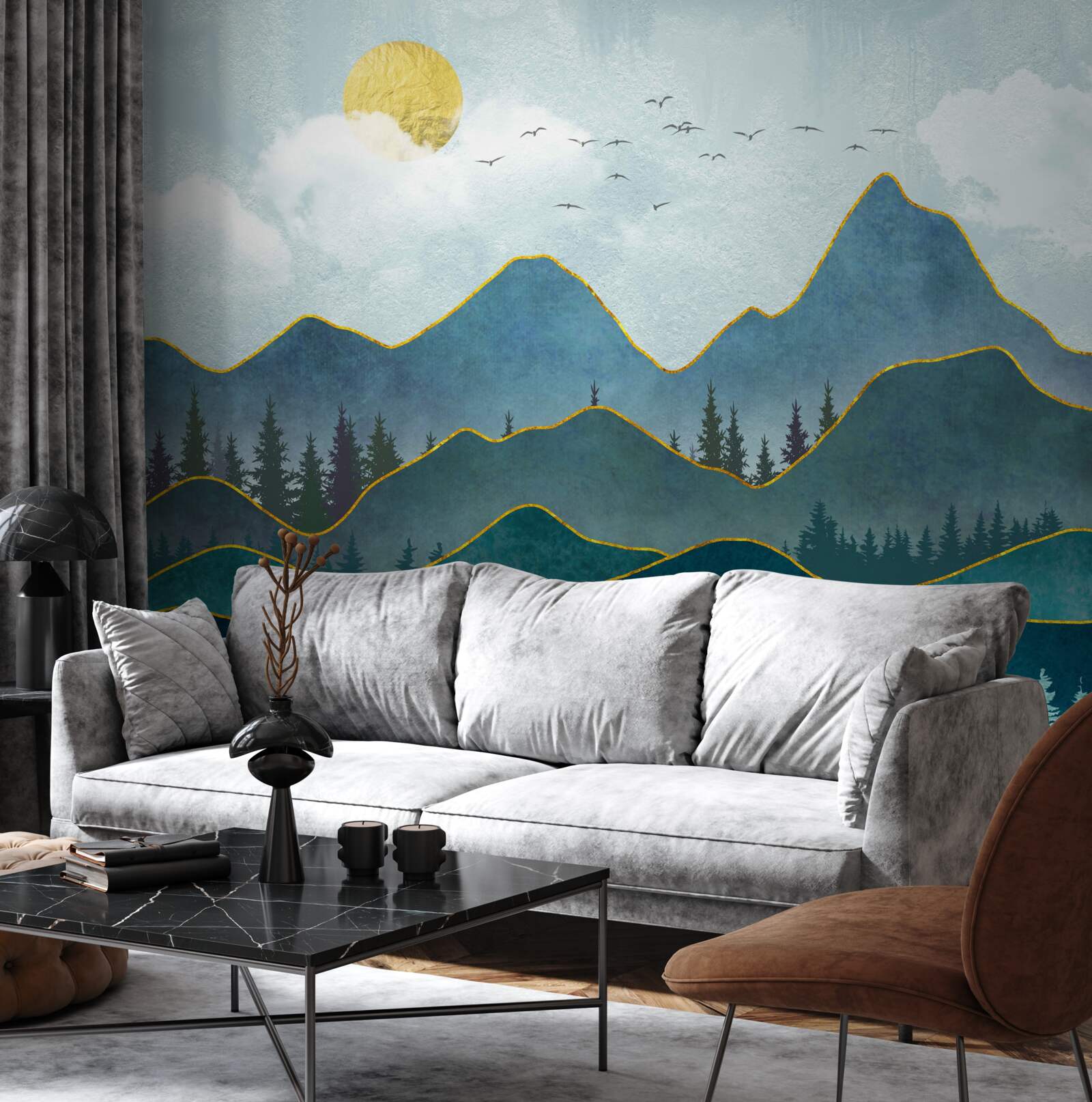 Fototapeta grafický obraz údolia rieky a horského stromu