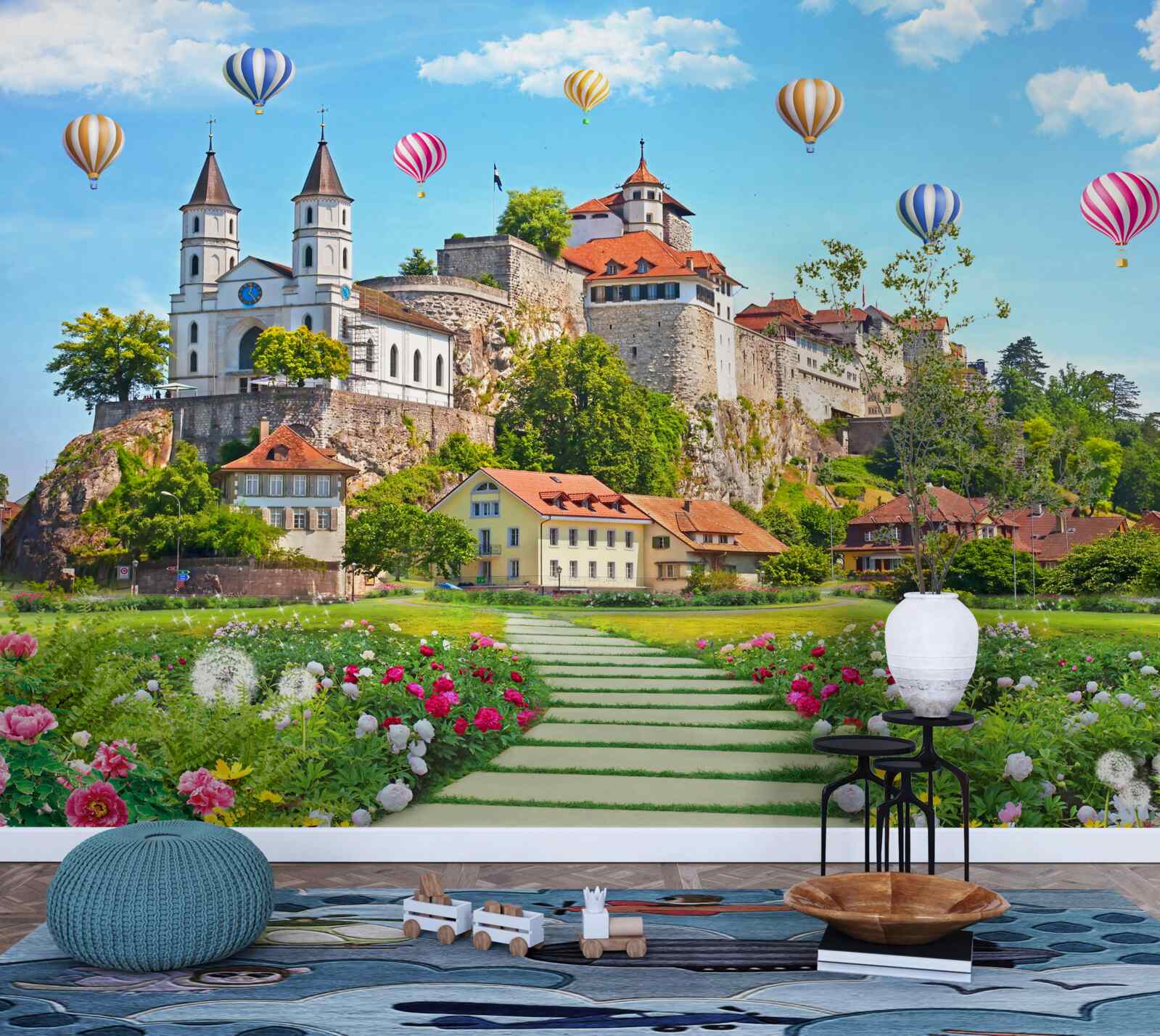 Fototapeta rôznofarebné balóny lietajú vysoko nad strechami mesta