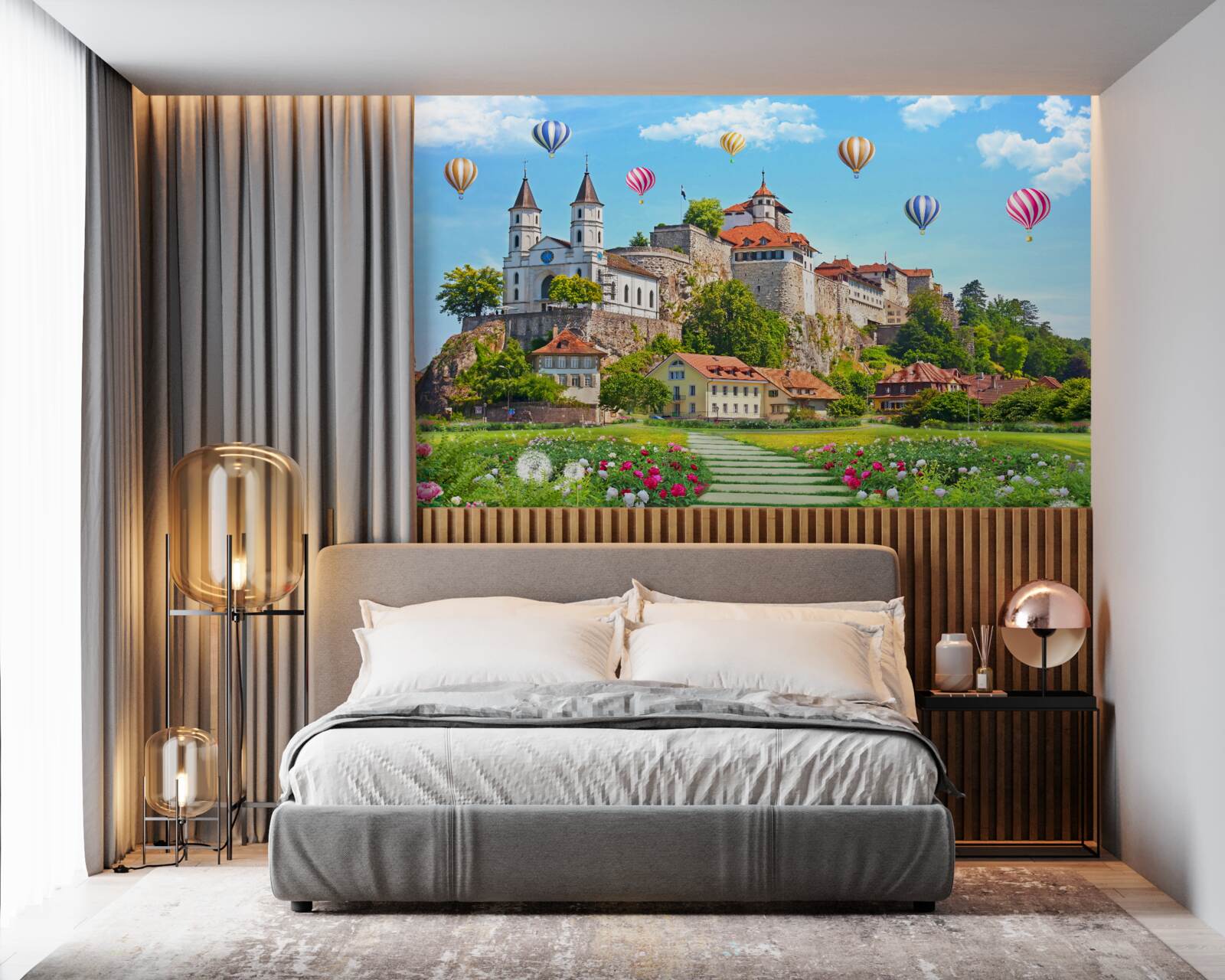 Fototapeta rôznofarebné balóny lietajú vysoko nad strechami mesta