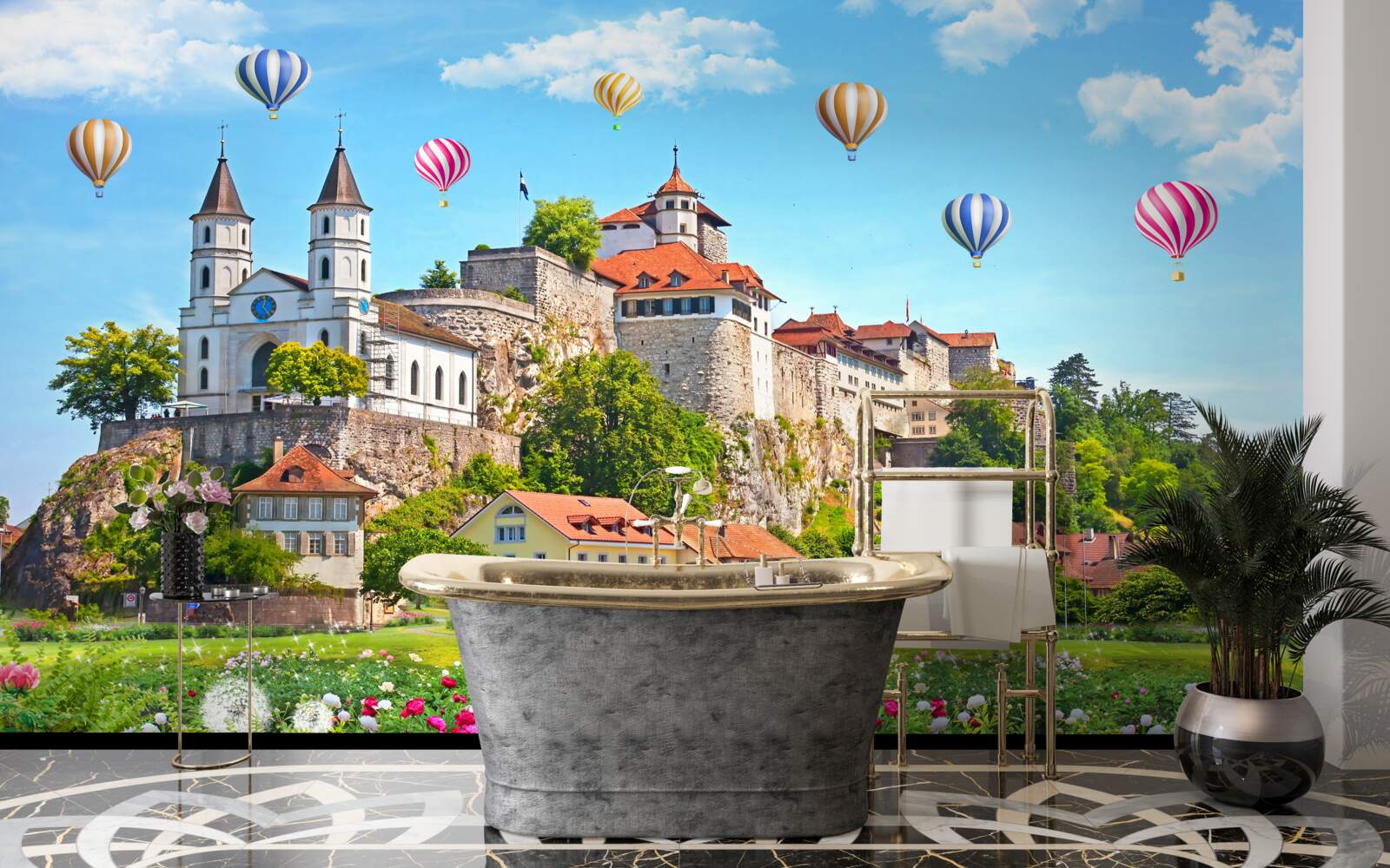 Fototapeta rôznofarebné balóny lietajú vysoko nad strechami mesta