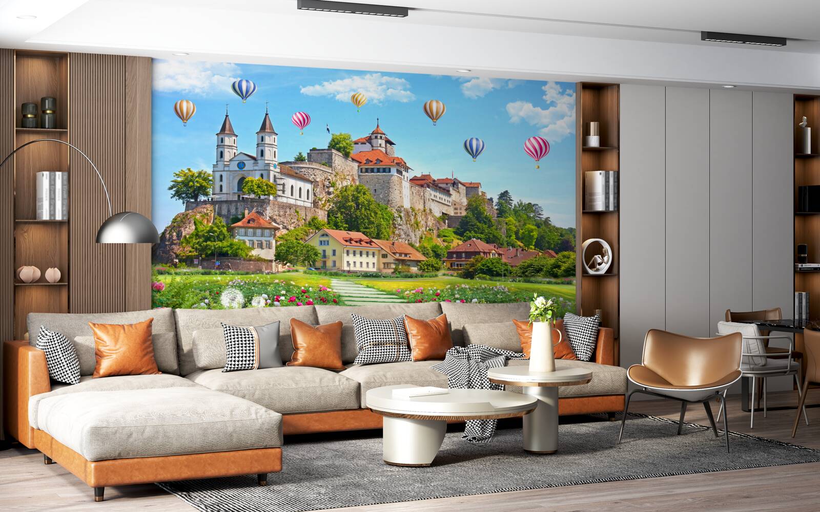 Fototapeta rôznofarebné balóny lietajú vysoko nad strechami mesta