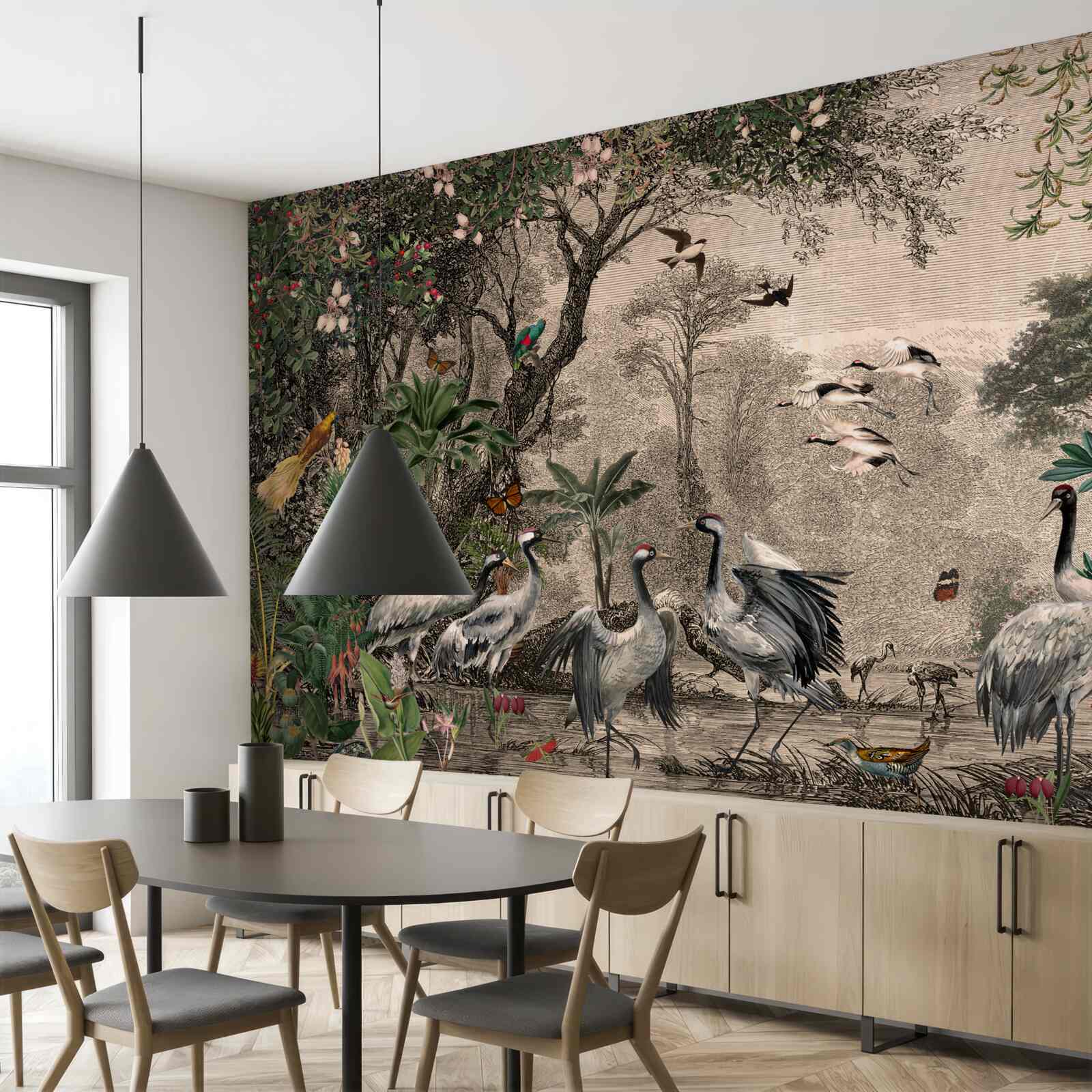 Fototapeta zhluk žeriavov pri lesnom rybníku