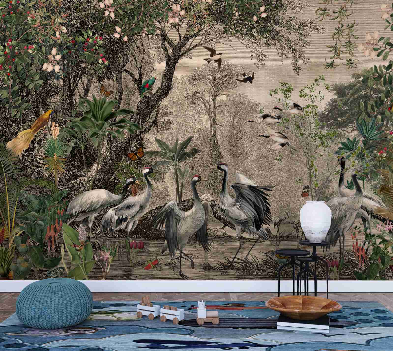 Fototapeta zhluk žeriavov pri lesnom rybníku