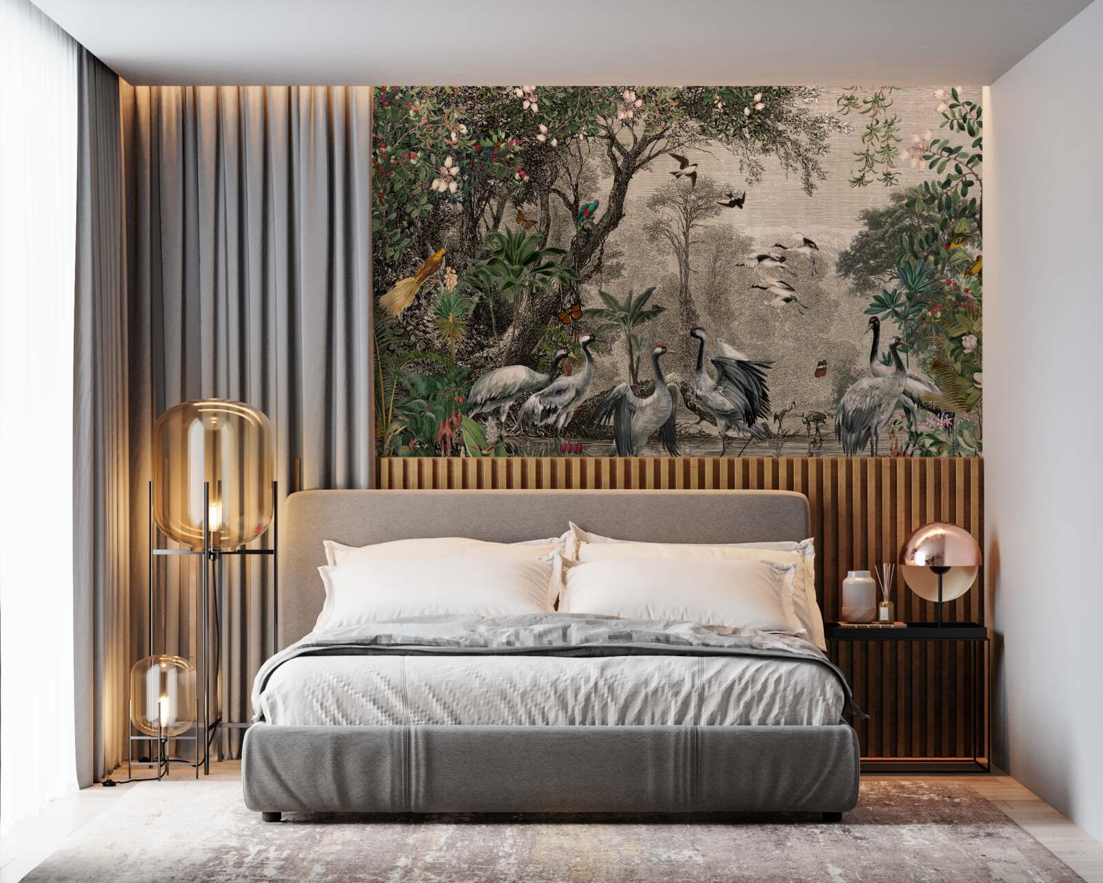 Fototapeta zhluk žeriavov pri lesnom rybníku