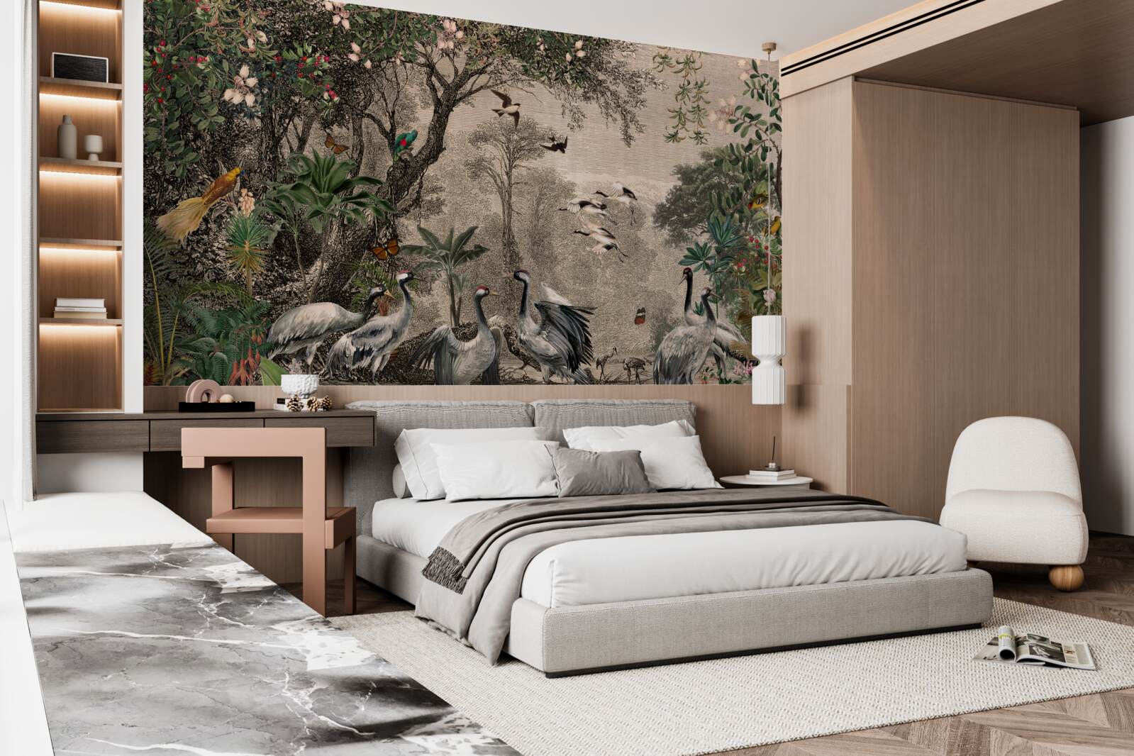 Fototapeta zhluk žeriavov pri lesnom rybníku