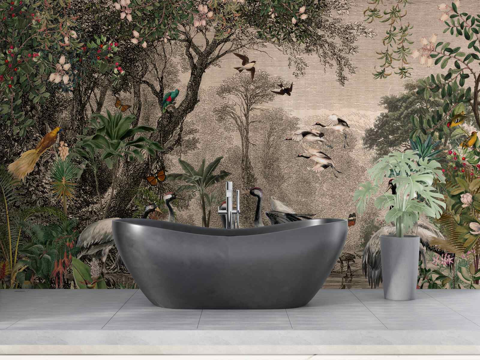 Fototapeta zhluk žeriavov pri lesnom rybníku