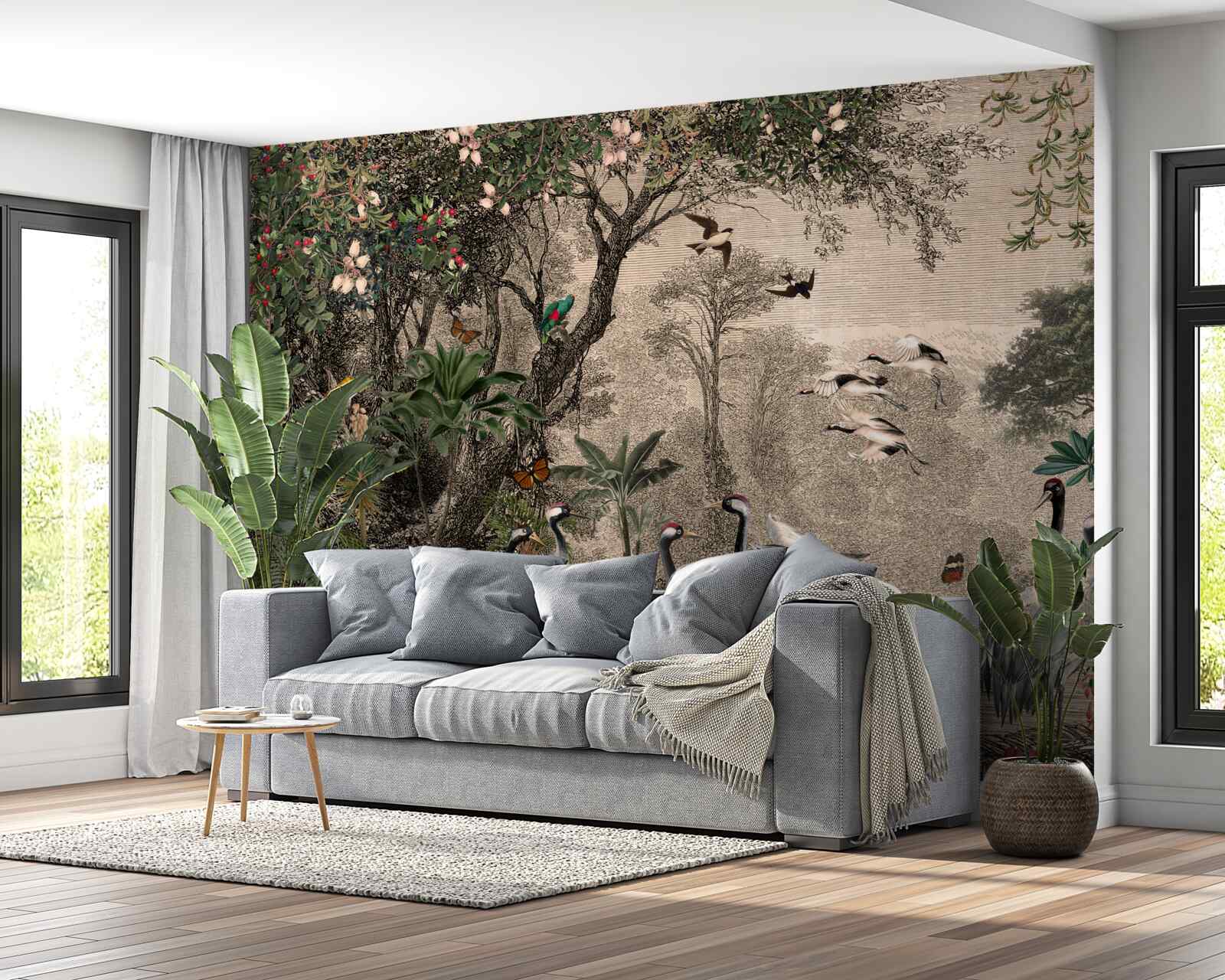 Fototapeta zhluk žeriavov pri lesnom rybníku