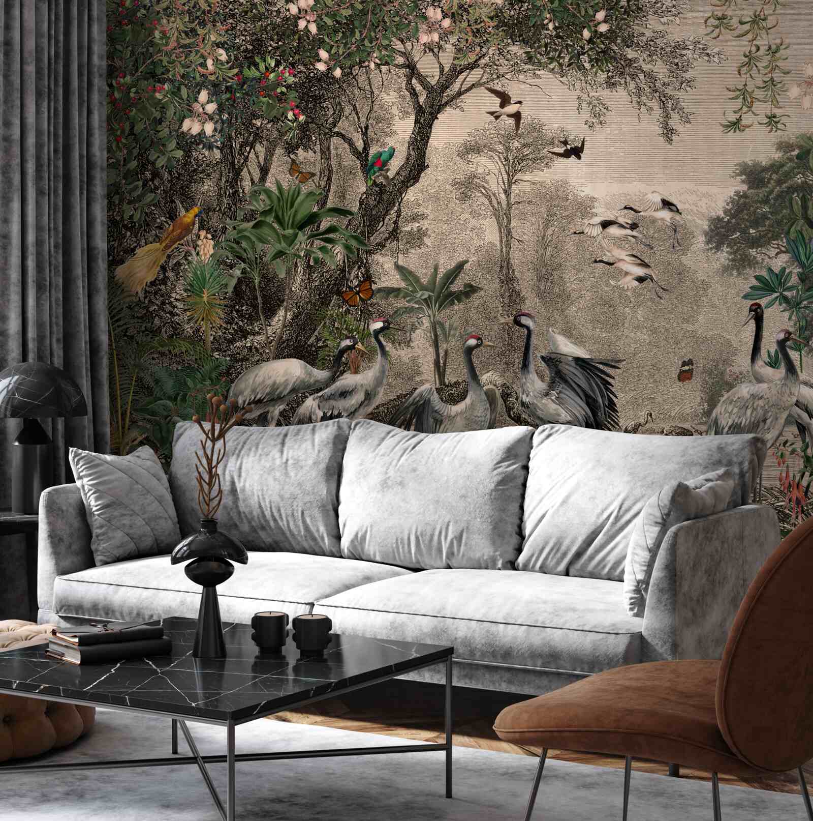 Fototapeta zhluk žeriavov pri lesnom rybníku