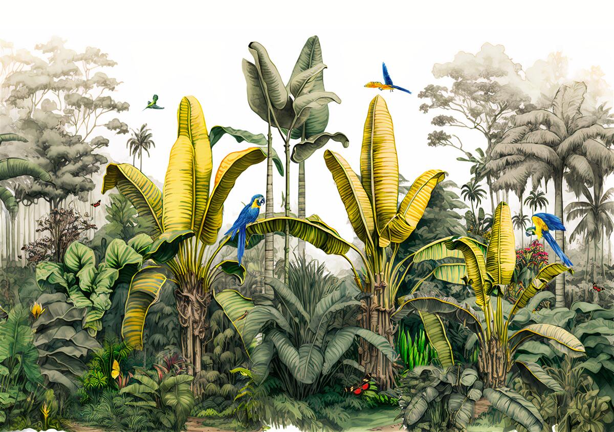 Fototapeta listy zlatého papradia svietia v zelenom lese