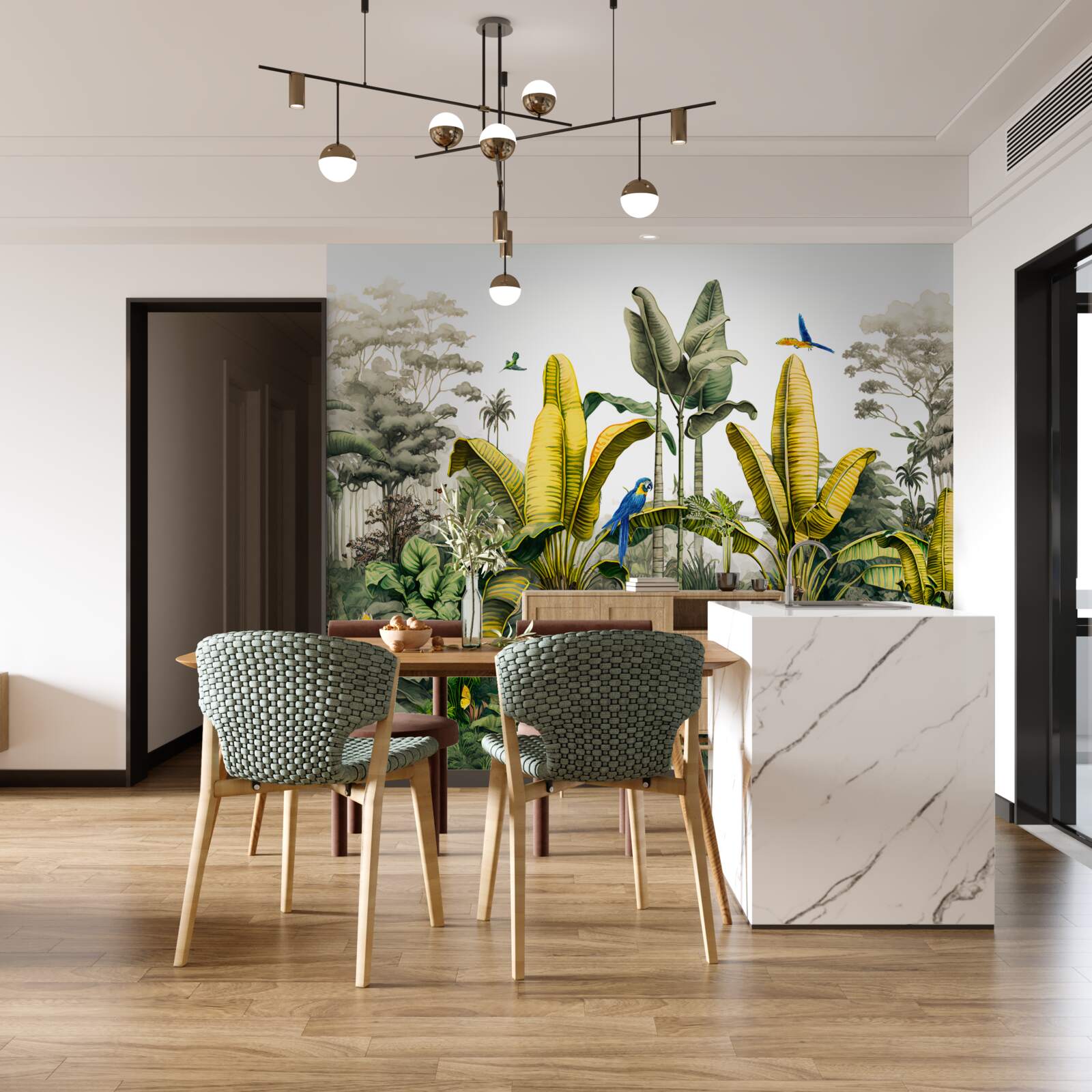 Fototapeta listy zlatého papradia svietia v zelenom lese