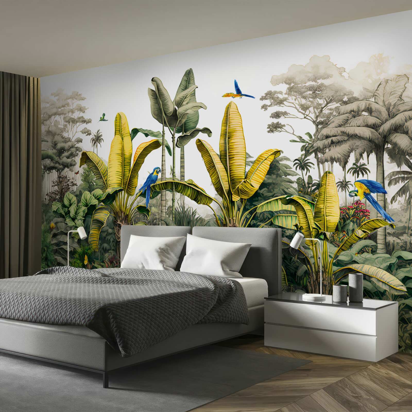 Fototapeta listy zlatého papradia svietia v zelenom lese