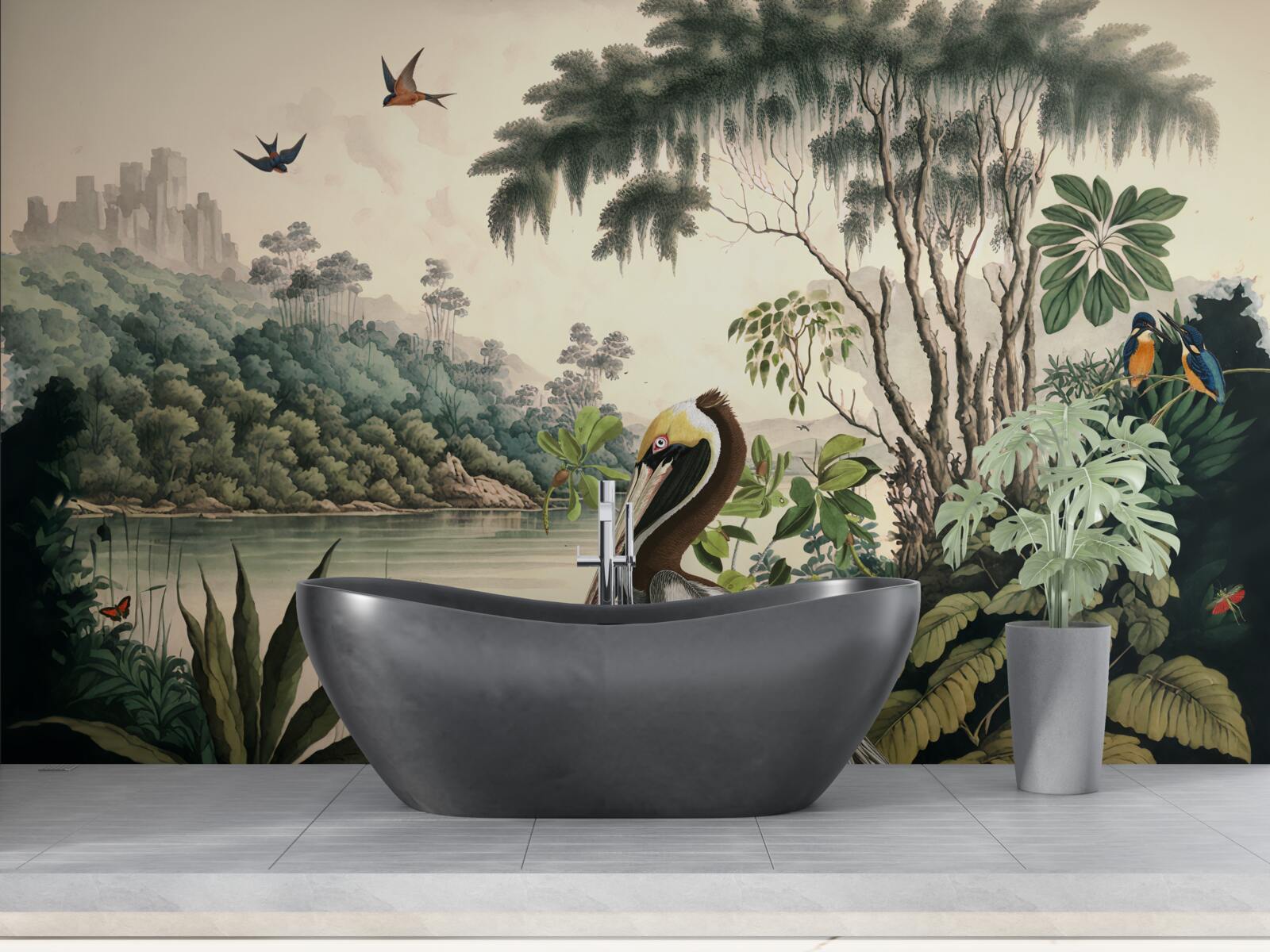 Fototapeta pelikán hľadá potravu vo vodách jazera