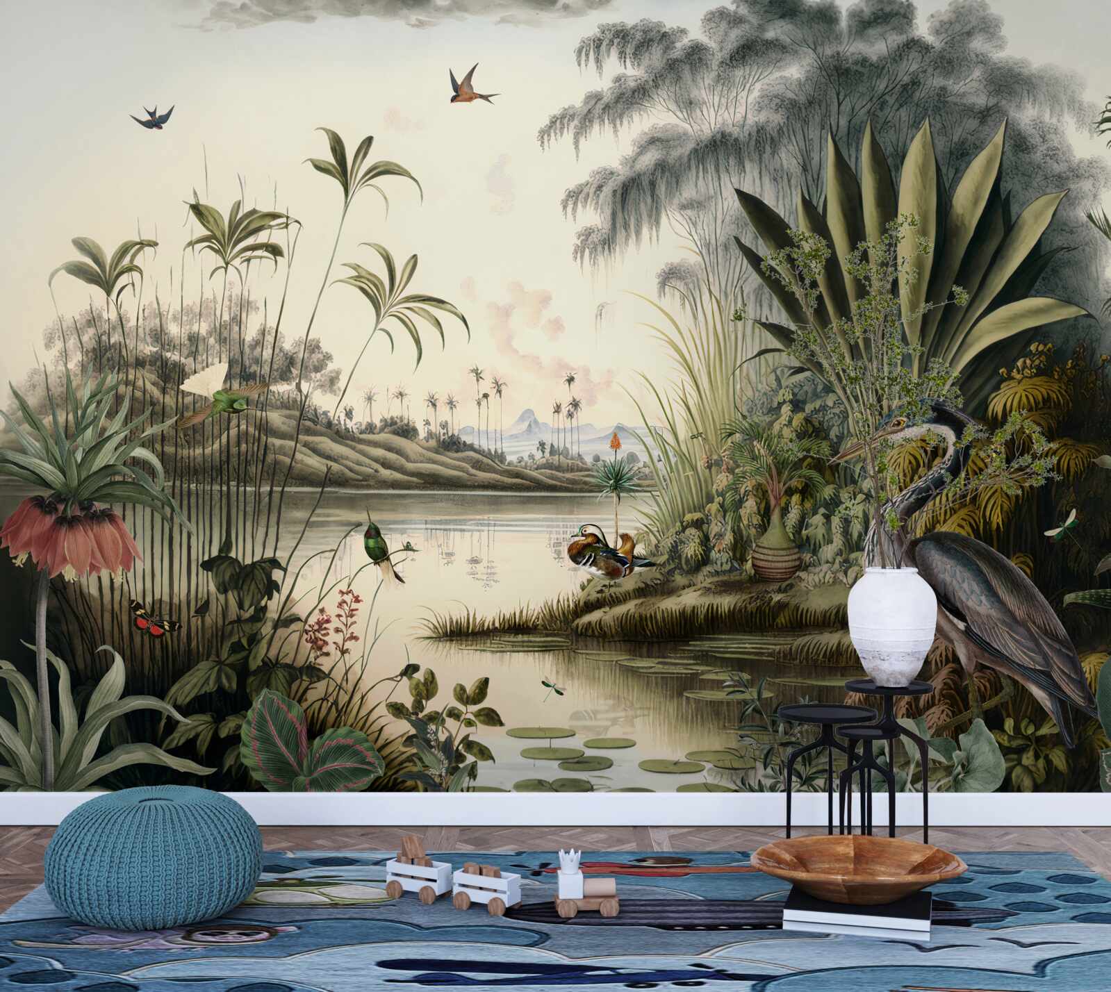 Fototapeta Žeriav pri zelenkastom rybníku